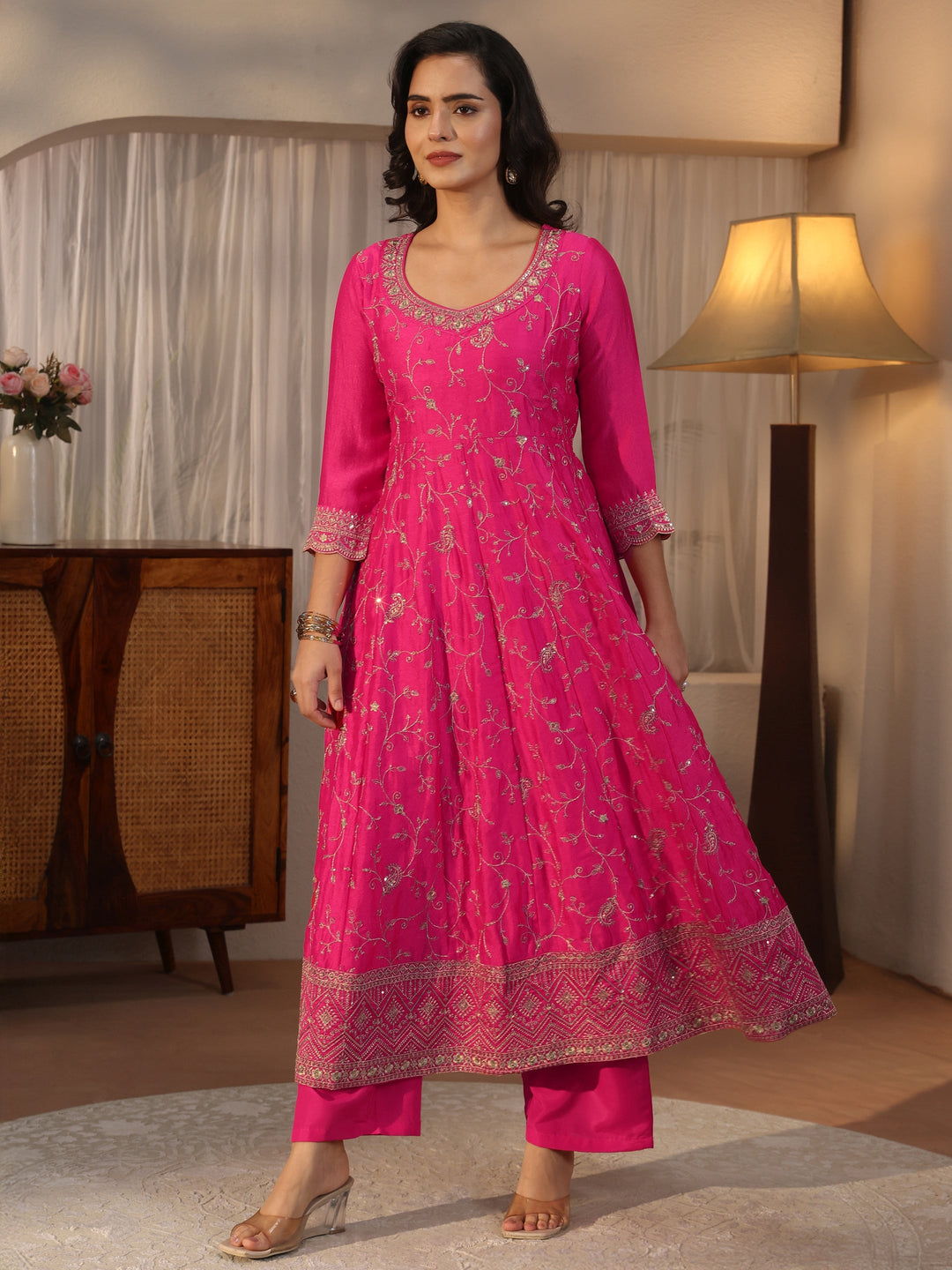  Libas Fuchsia Pink Floral Embroidered Silk Blend Anarkali Suit Set 