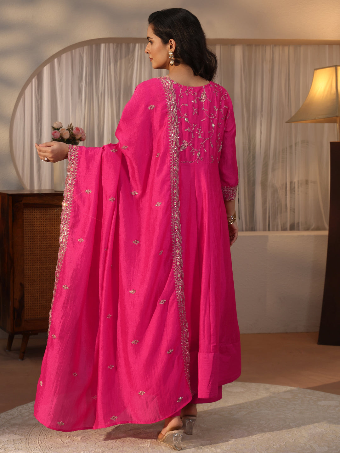  Libas Fuchsia Pink Floral Embroidered Silk Blend Anarkali Suit Set 