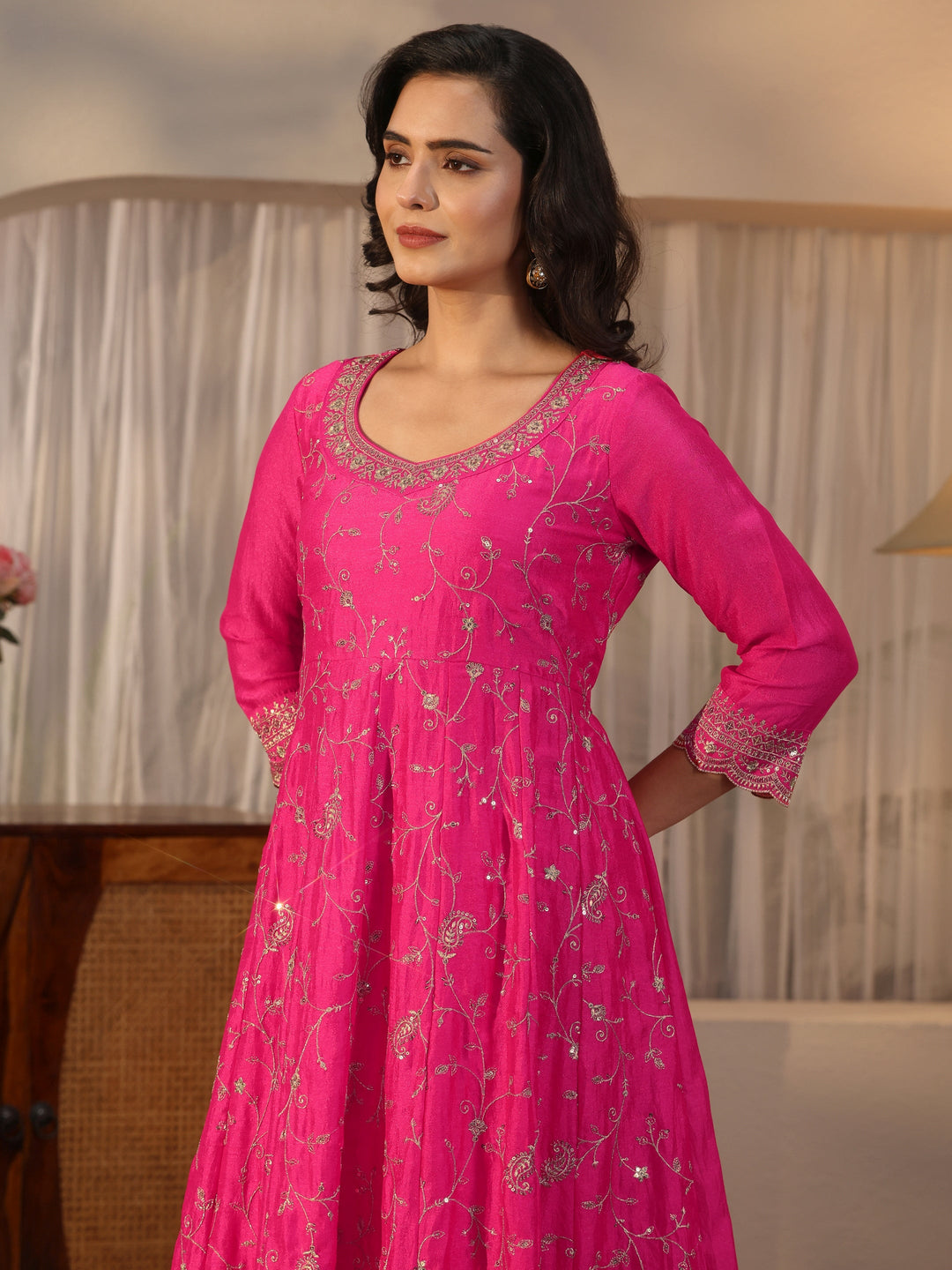  Libas Fuchsia Pink Floral Embroidered Silk Blend Anarkali Suit Set 