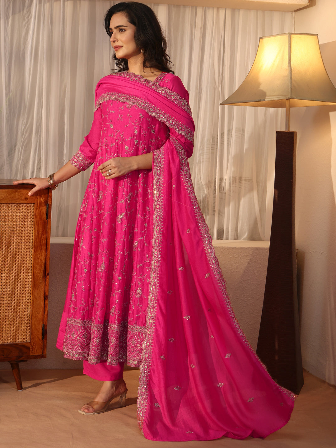  Libas Fuchsia Pink Floral Embroidered Silk Blend Anarkali Suit Set 