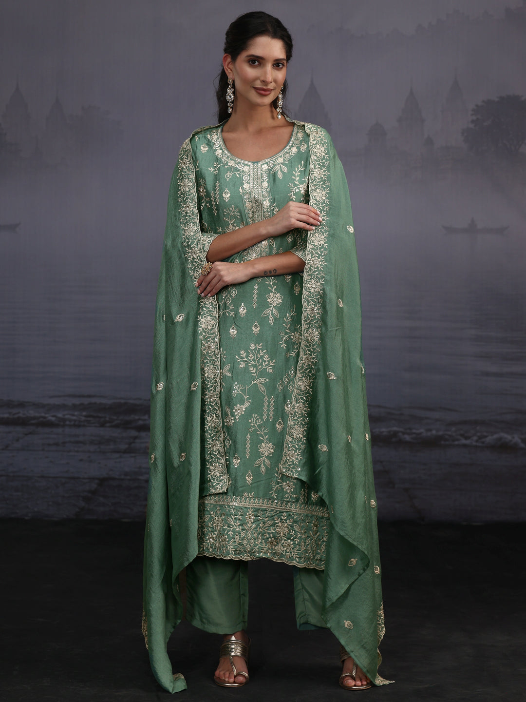  Libas Dusty Mint Green Floral Embroidered Silk Blend Straight Suit Set 