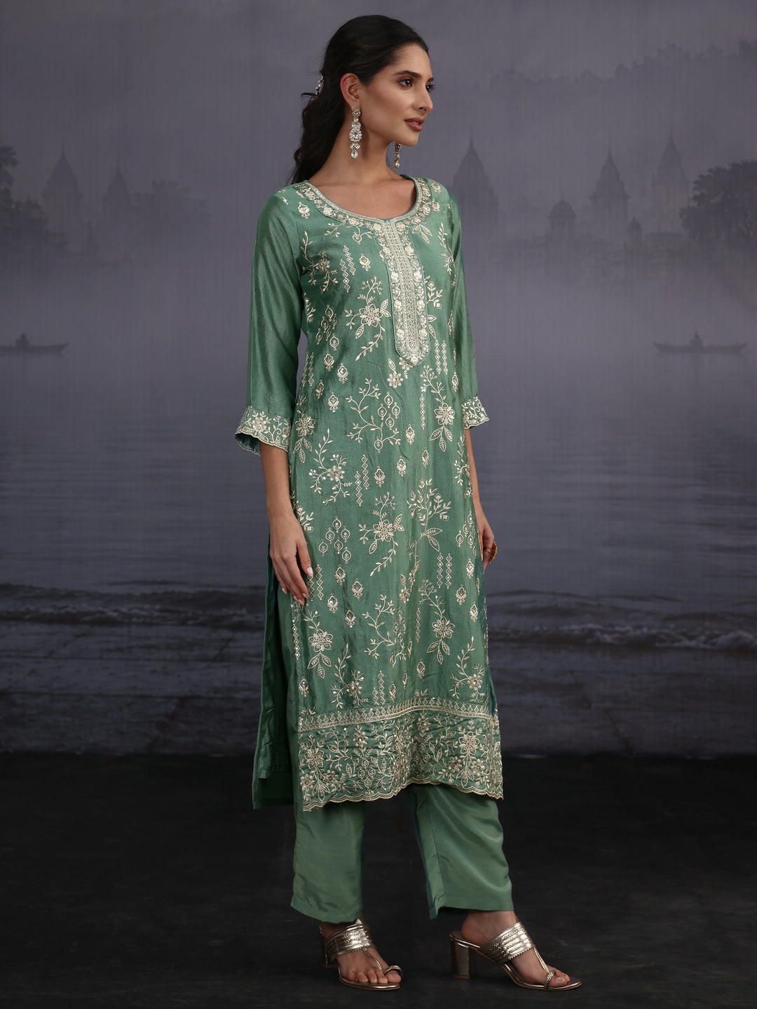  Libas Dusty Mint Green Floral Embroidered Silk Blend Straight Suit Set 