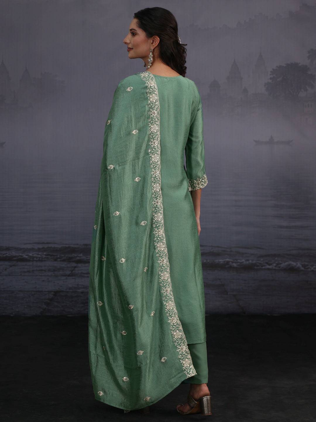  Libas Dusty Mint Green Floral Embroidered Silk Blend Straight Suit Set 