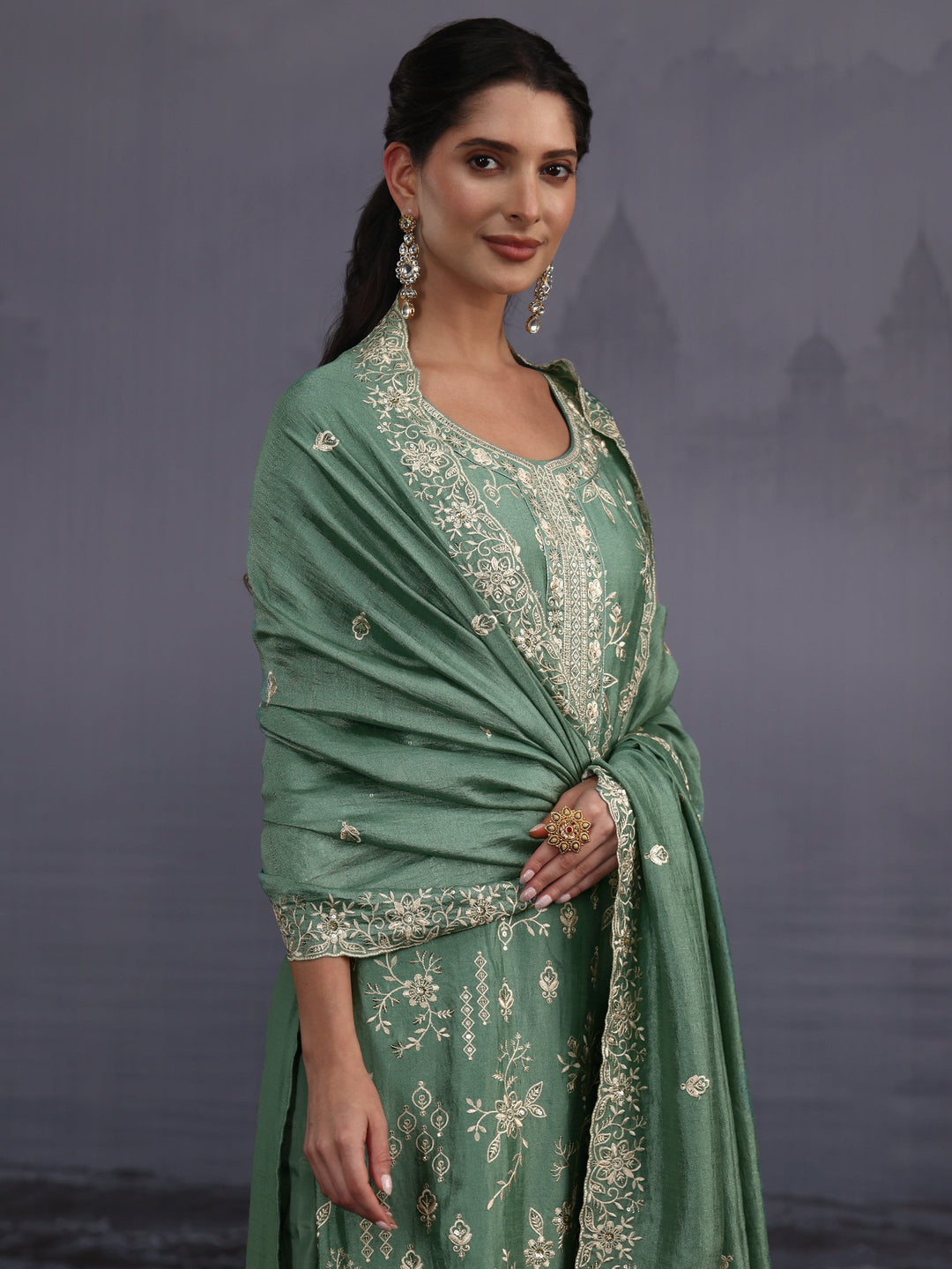  Libas Dusty Mint Green Floral Embroidered Silk Blend Straight Suit Set 