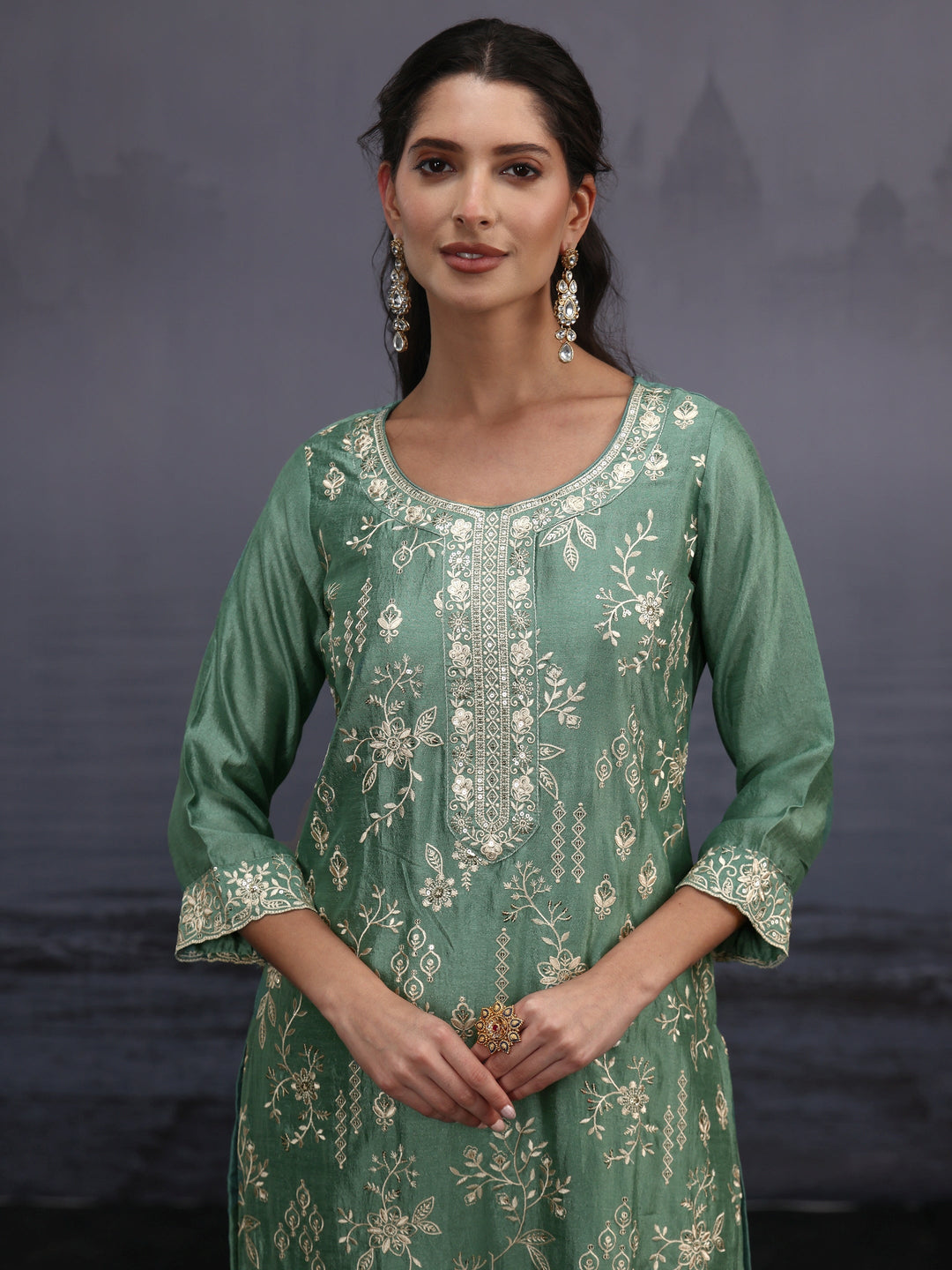  Libas Dusty Mint Green Floral Embroidered Silk Blend Straight Suit Set 