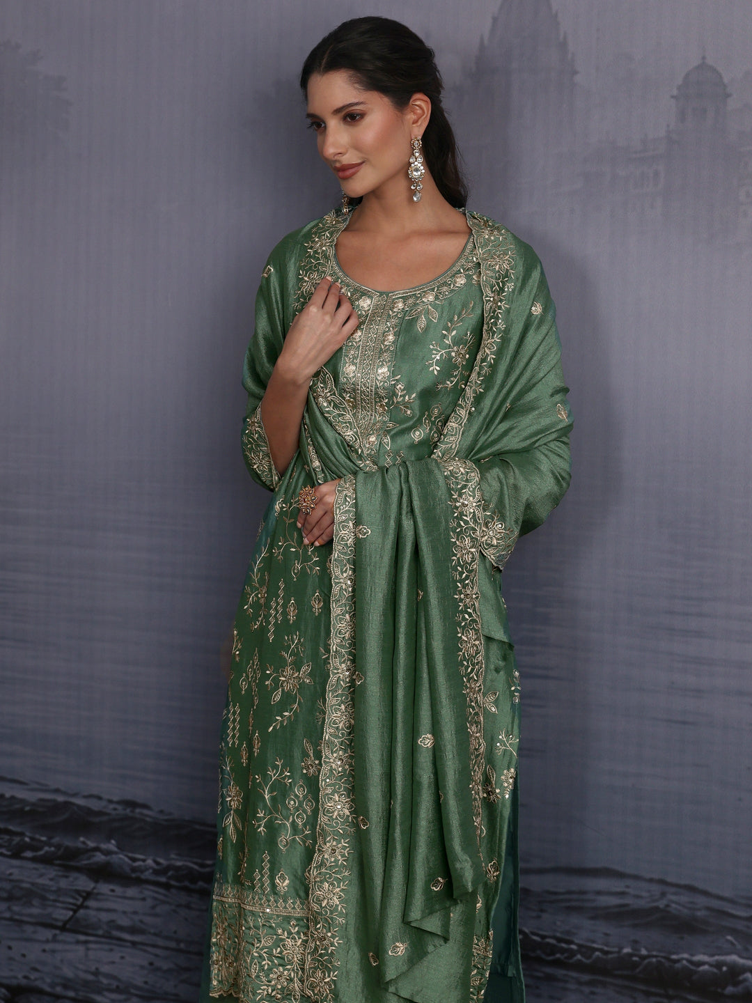  Libas Dusty Mint Green Floral Embroidered Silk Blend Straight Suit Set 