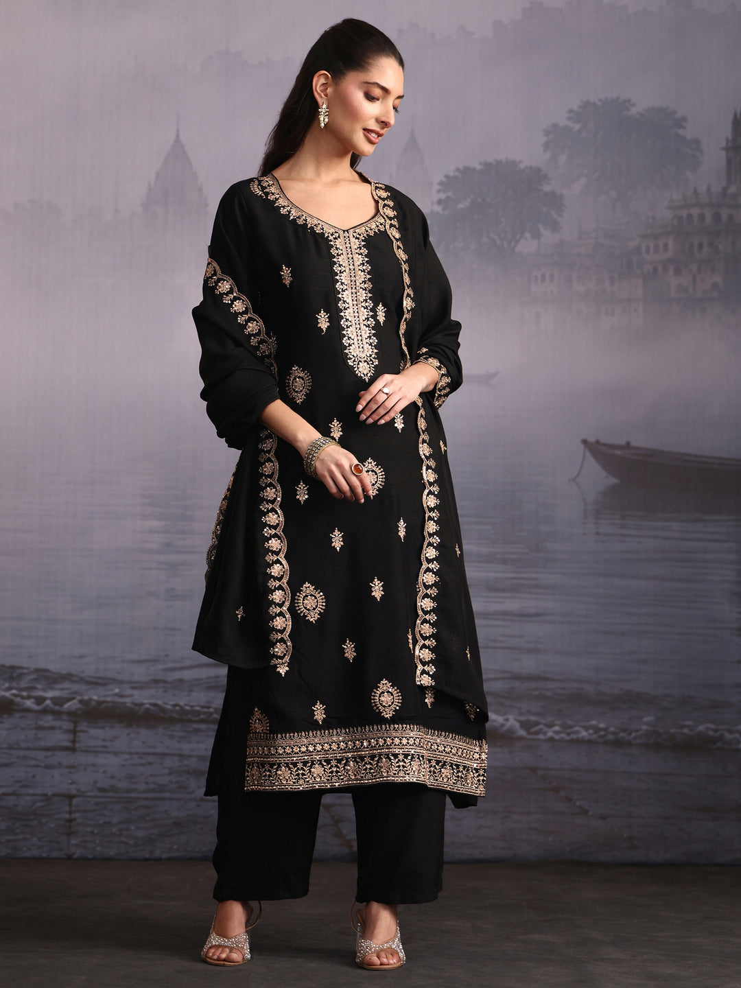  Libas Black Floral Embroidered Silk Blend Straight Suit Set 