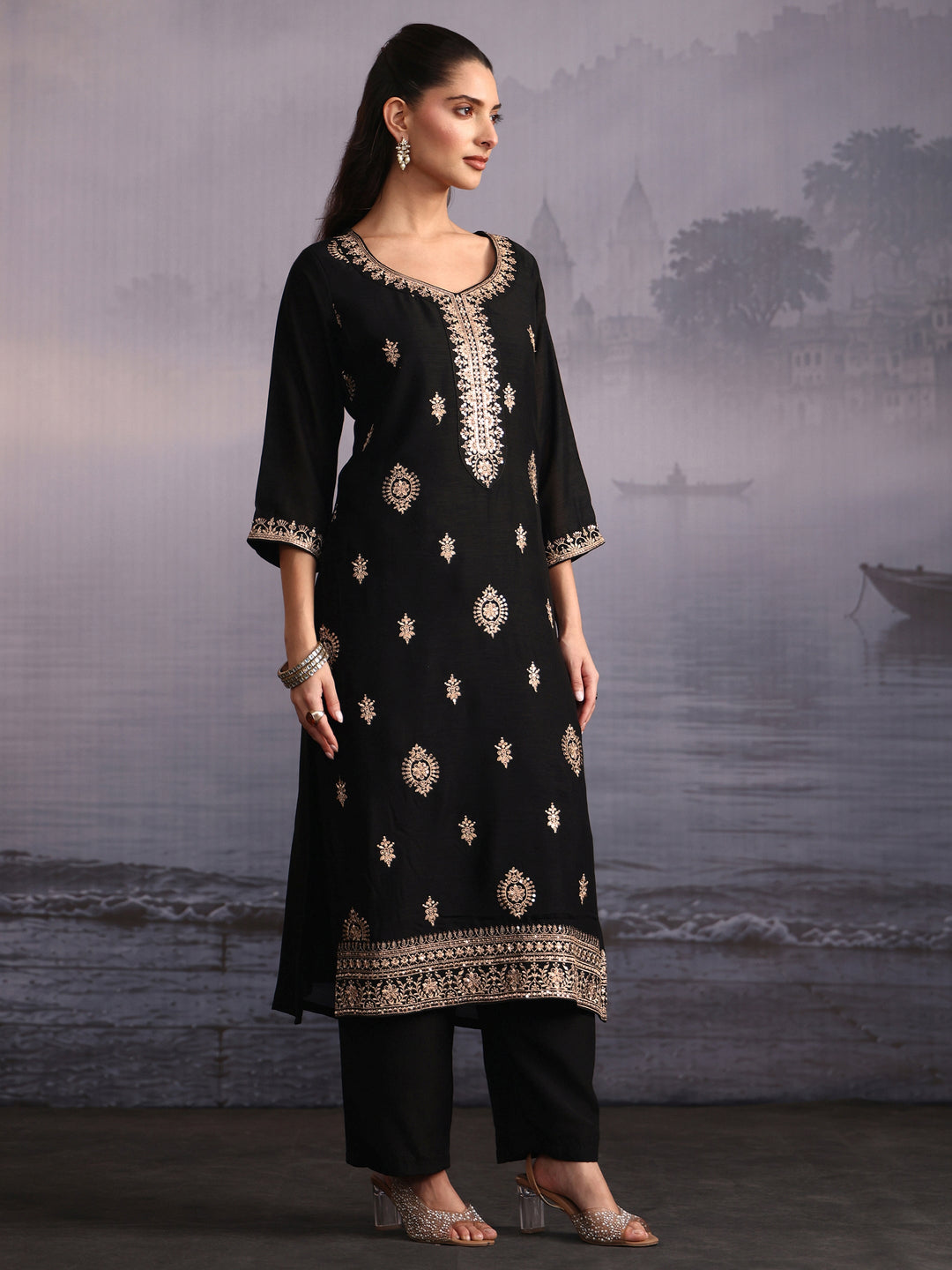  Libas Black Floral Embroidered Silk Blend Straight Suit Set 