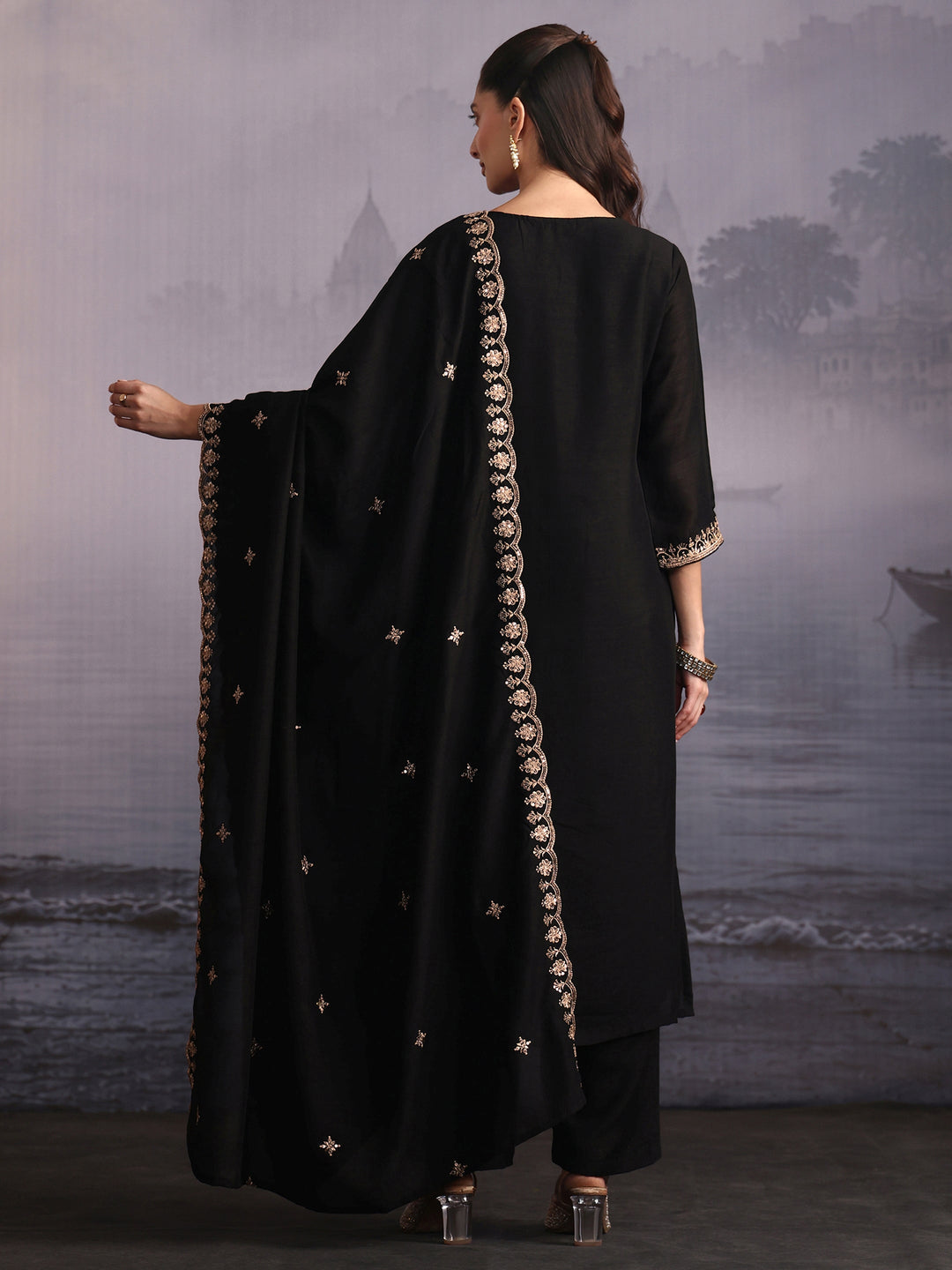  Libas Black Floral Embroidered Silk Blend Straight Suit Set 