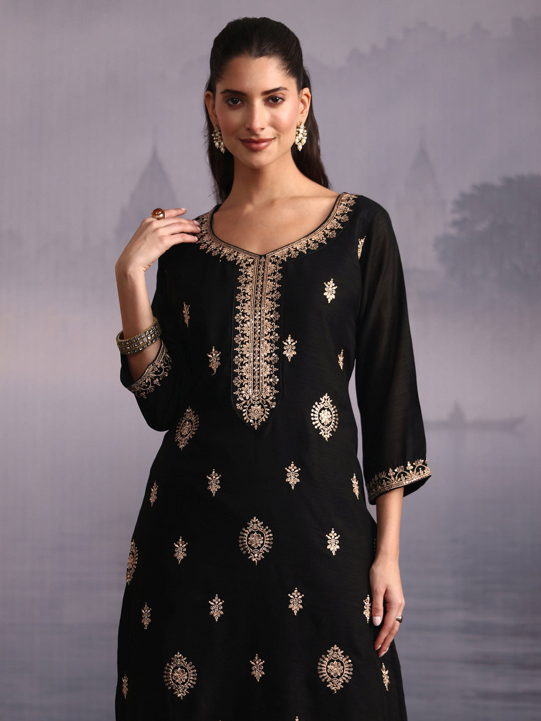  Libas Black Floral Embroidered Silk Blend Straight Suit Set 