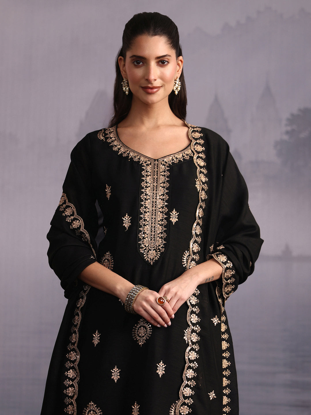  Libas Black Floral Embroidered Silk Blend Straight Suit Set 