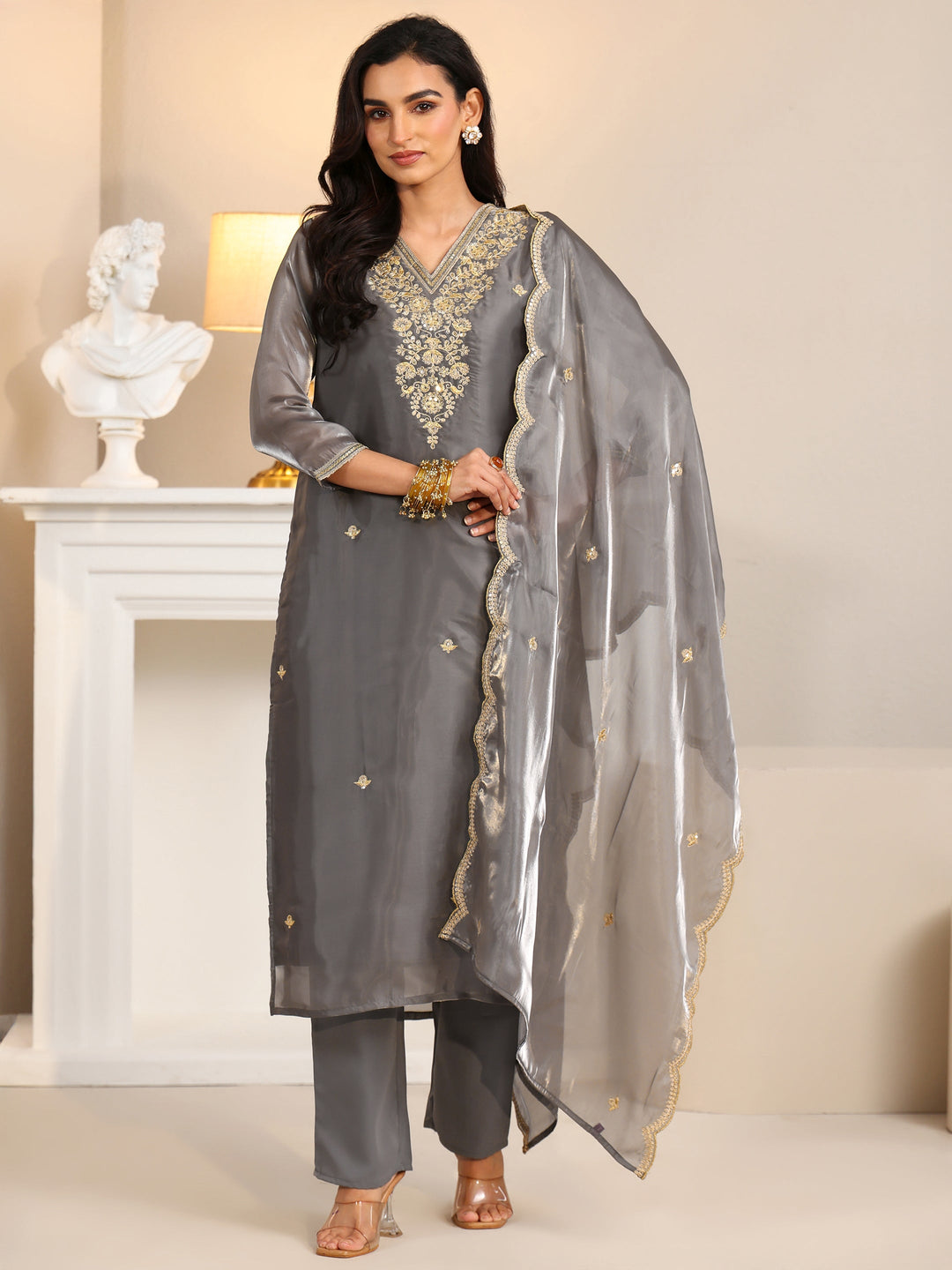  Libas Slate Grey Floral Embellished Tissue Straight Suit Set 