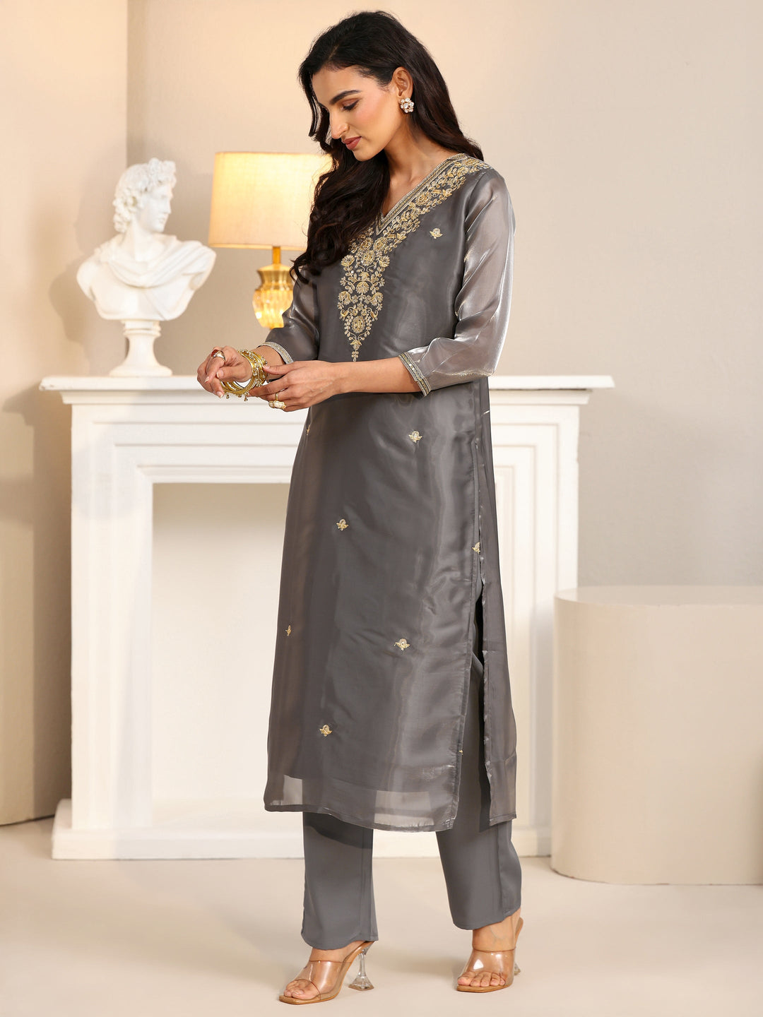  Libas Slate Grey Floral Embellished Tissue Straight Suit Set 