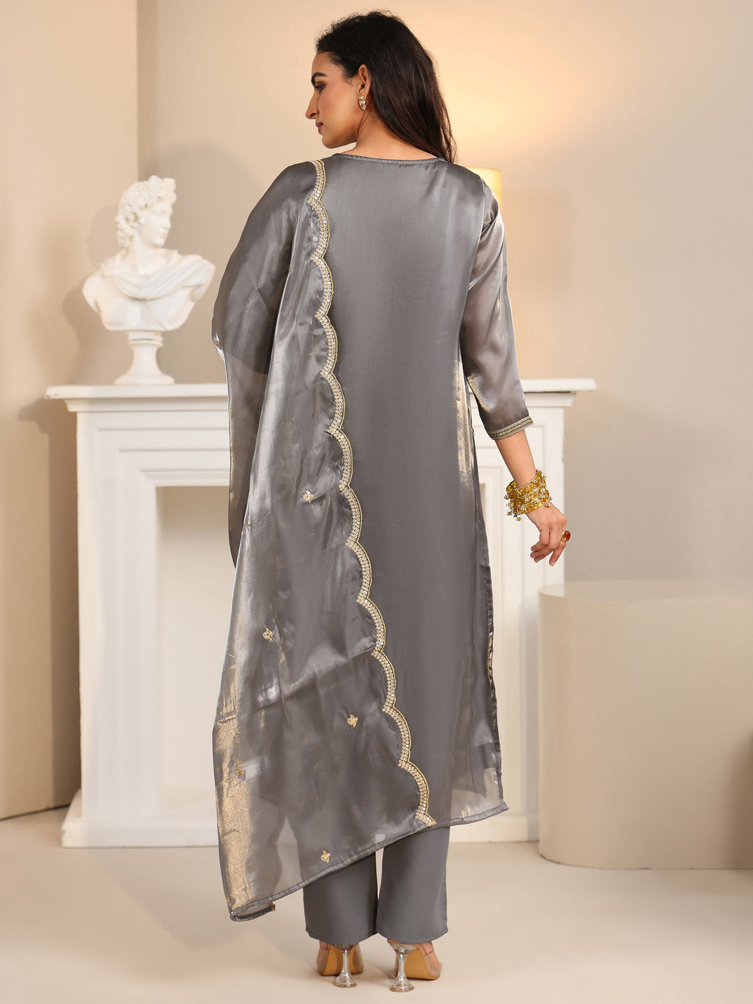  Libas Slate Grey Floral Embellished Tissue Straight Suit Set 