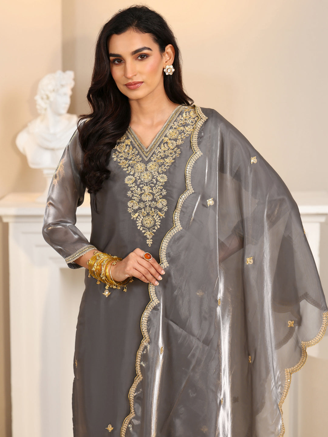  Libas Slate Grey Floral Embellished Tissue Straight Suit Set 