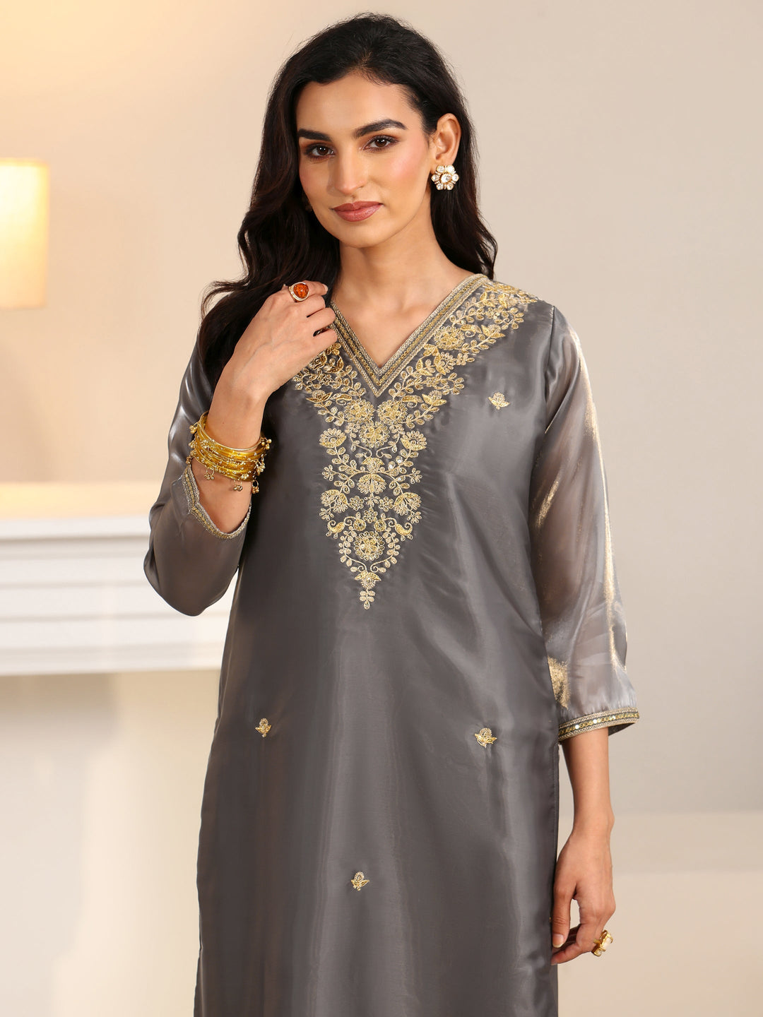  Libas Slate Grey Floral Embellished Tissue Straight Suit Set 