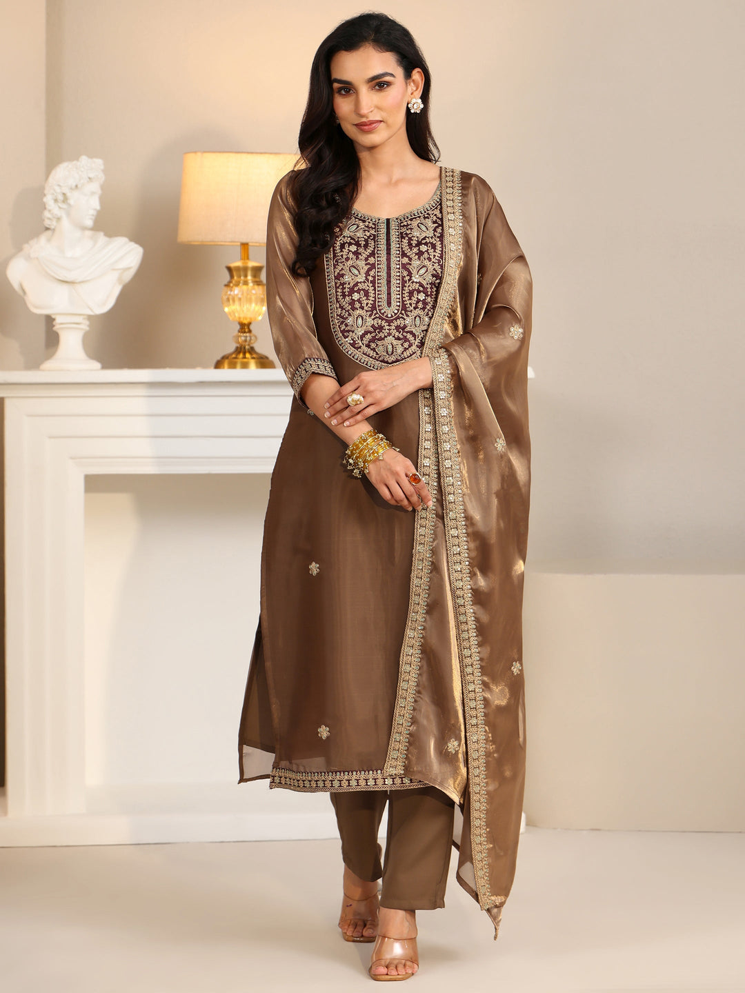  Libas Taupe Tissue Straight Suit Set with Embellished Yoke 