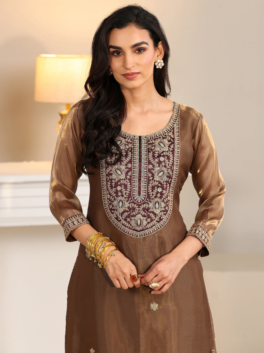  Libas Taupe Tissue Straight Suit Set with Embellished Yoke 