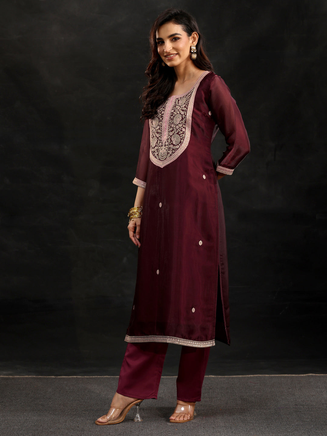  Libas Maroon Yoke Design Tissue Straight Suit Set 
