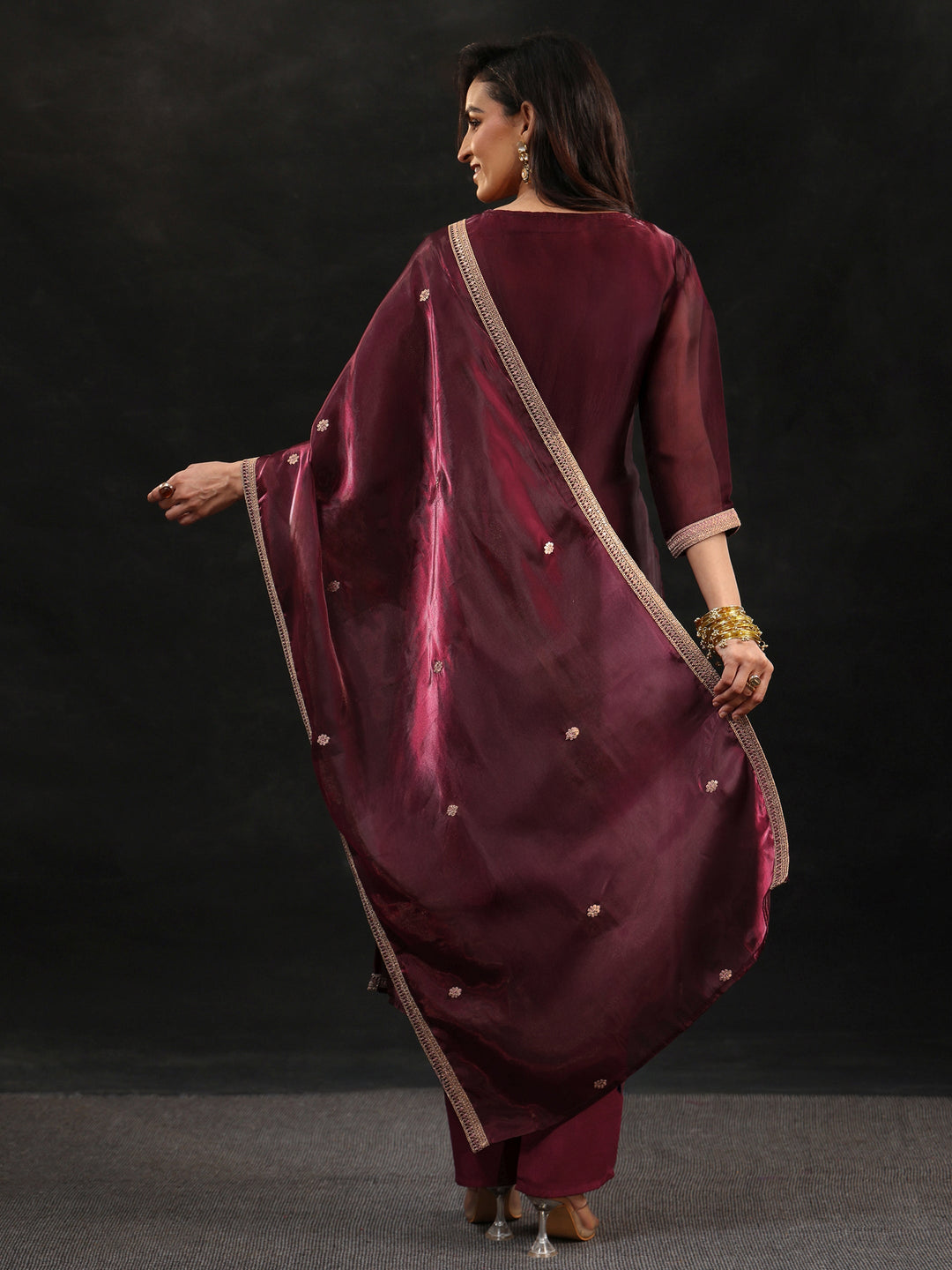  Libas Maroon Yoke Design Tissue Straight Suit Set 