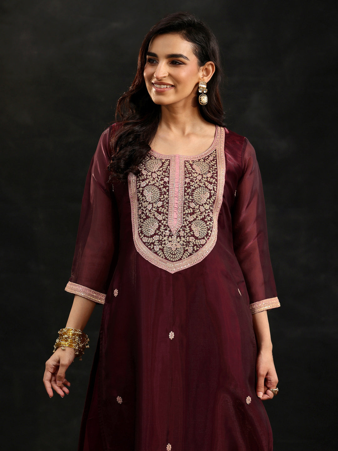  Libas Maroon Yoke Design Tissue Straight Suit Set 