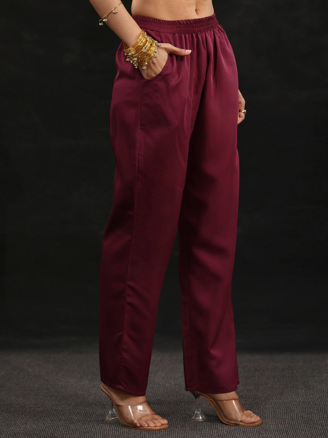  Libas Maroon Yoke Design Tissue Straight Suit Set 