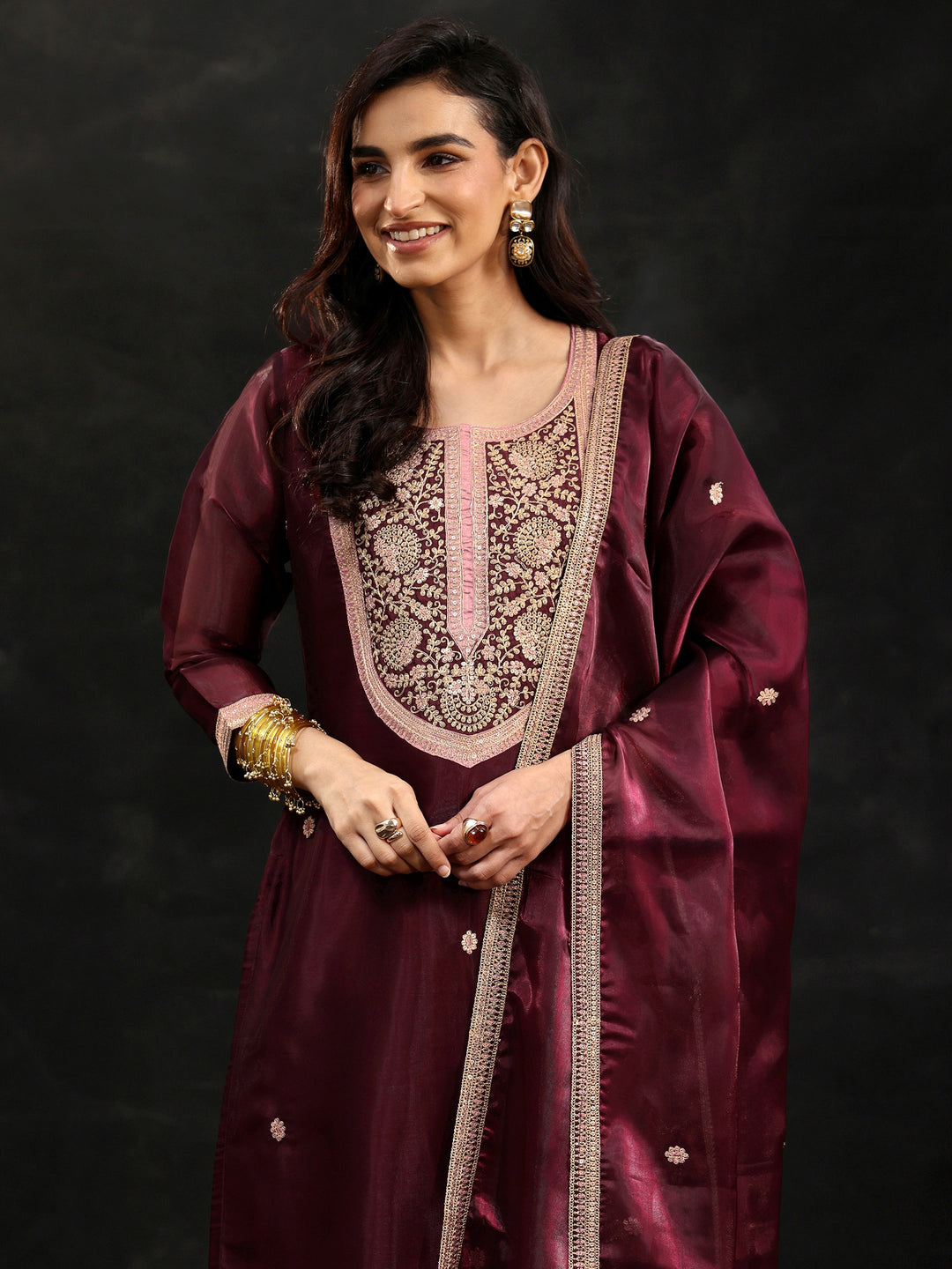  Libas Maroon Yoke Design Tissue Straight Suit Set 