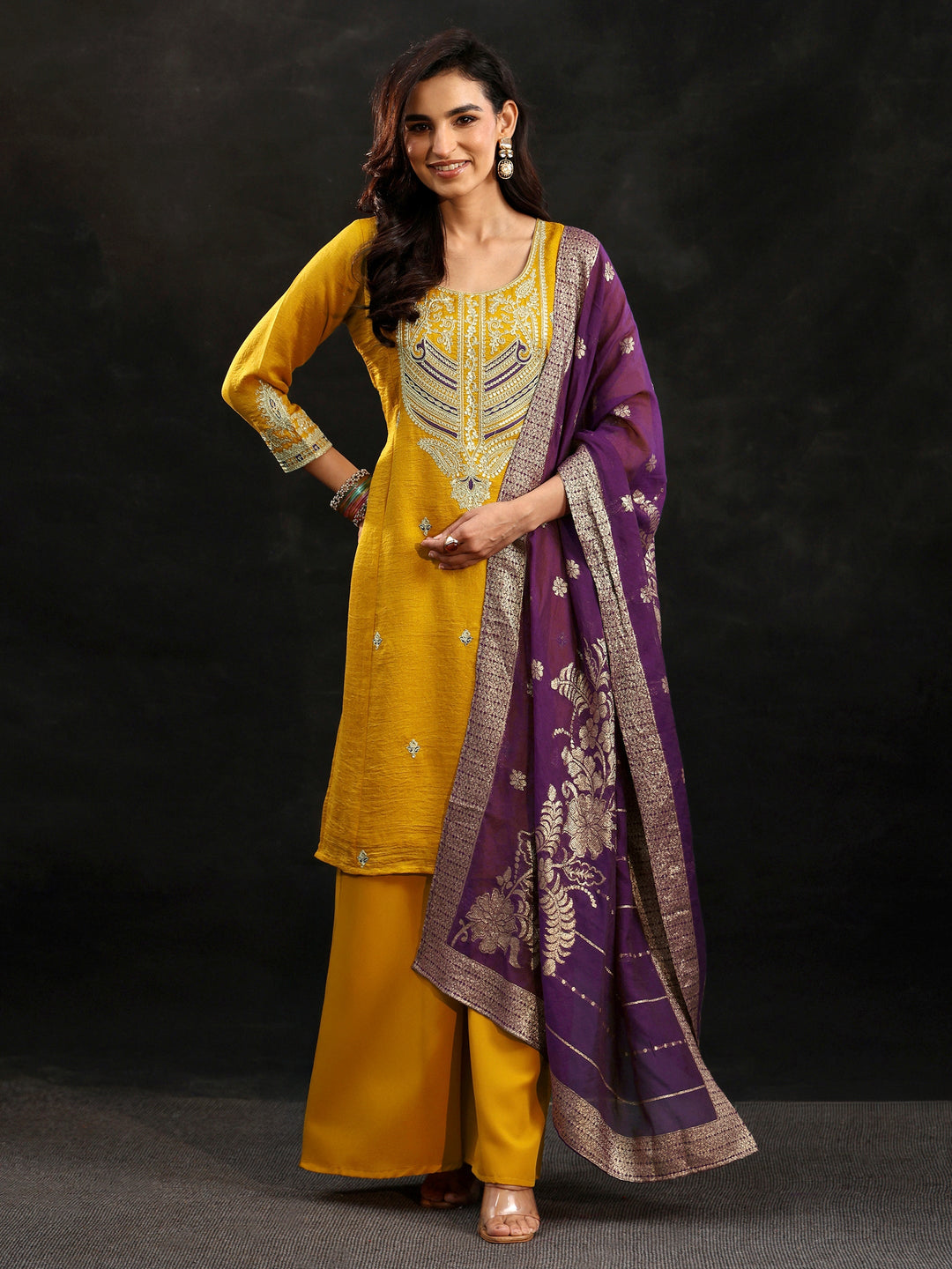  Libas Mustard Yoke Design Silk Blend Palazzo Suit Set 