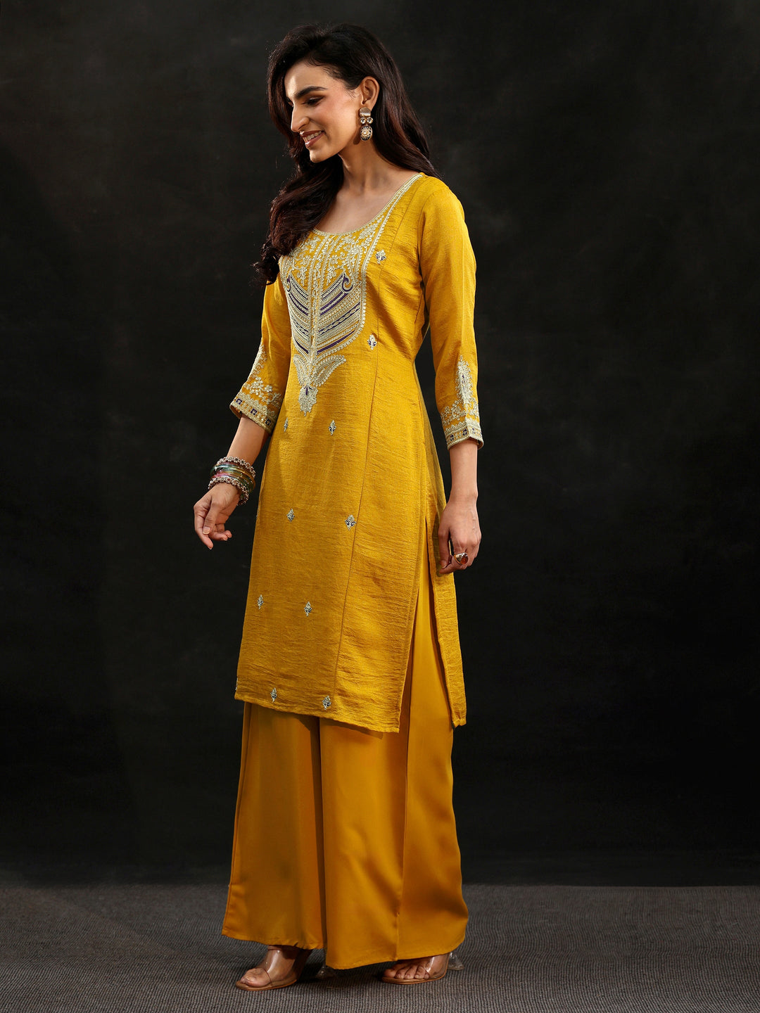  Libas Mustard Yoke Design Silk Blend Palazzo Suit Set 