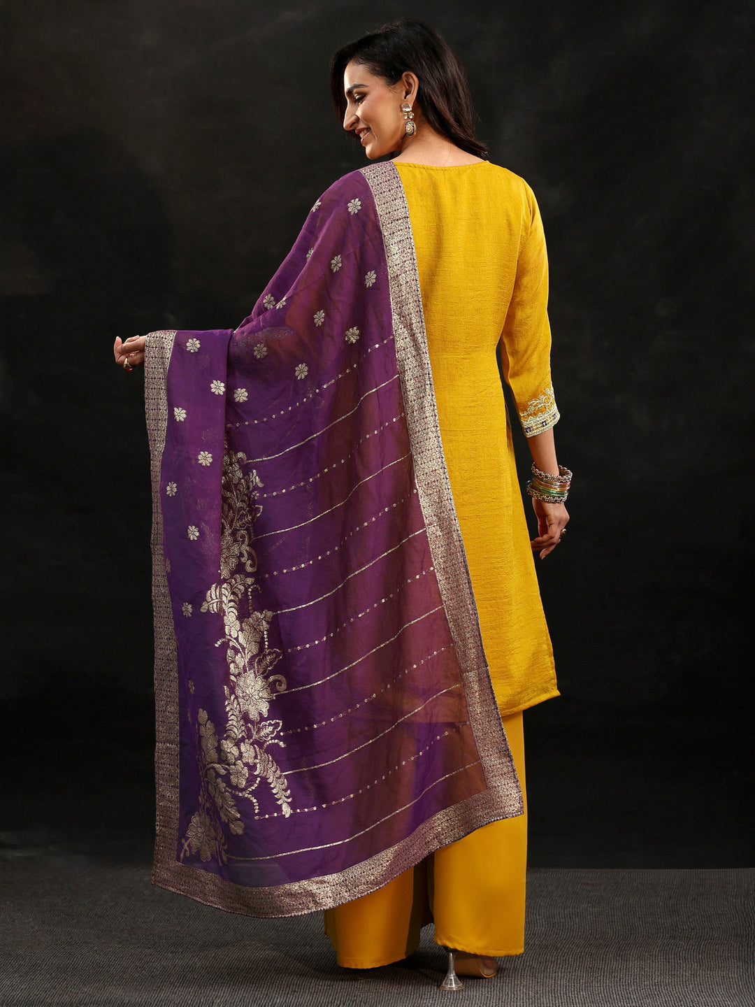  Libas Mustard Yoke Design Silk Blend Palazzo Suit Set 