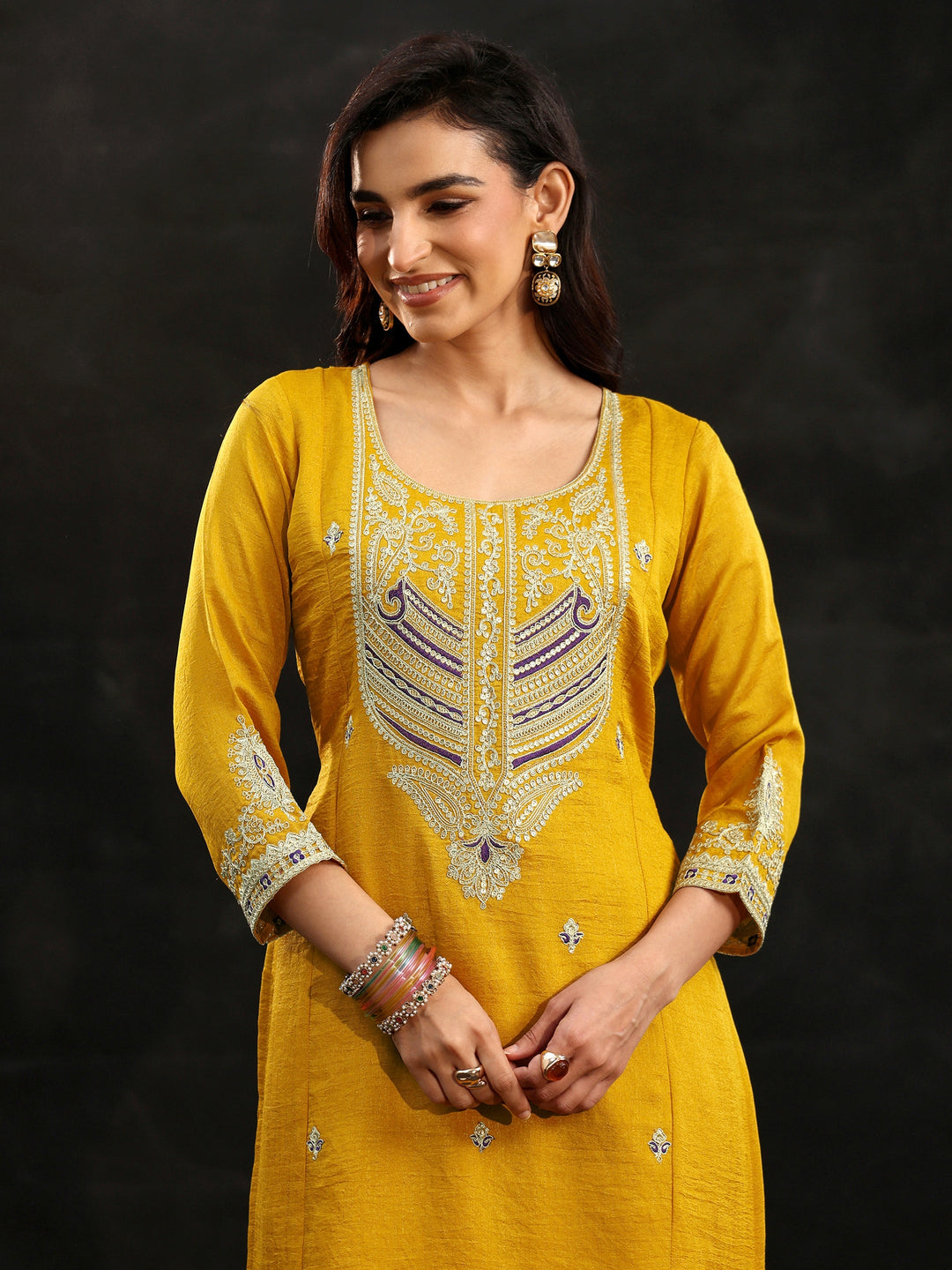  Libas Mustard Yoke Design Silk Blend Palazzo Suit Set 