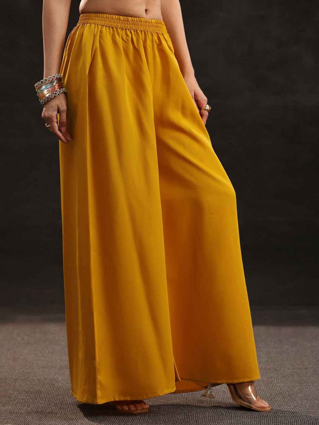  Libas Mustard Yoke Design Silk Blend Palazzo Suit Set 