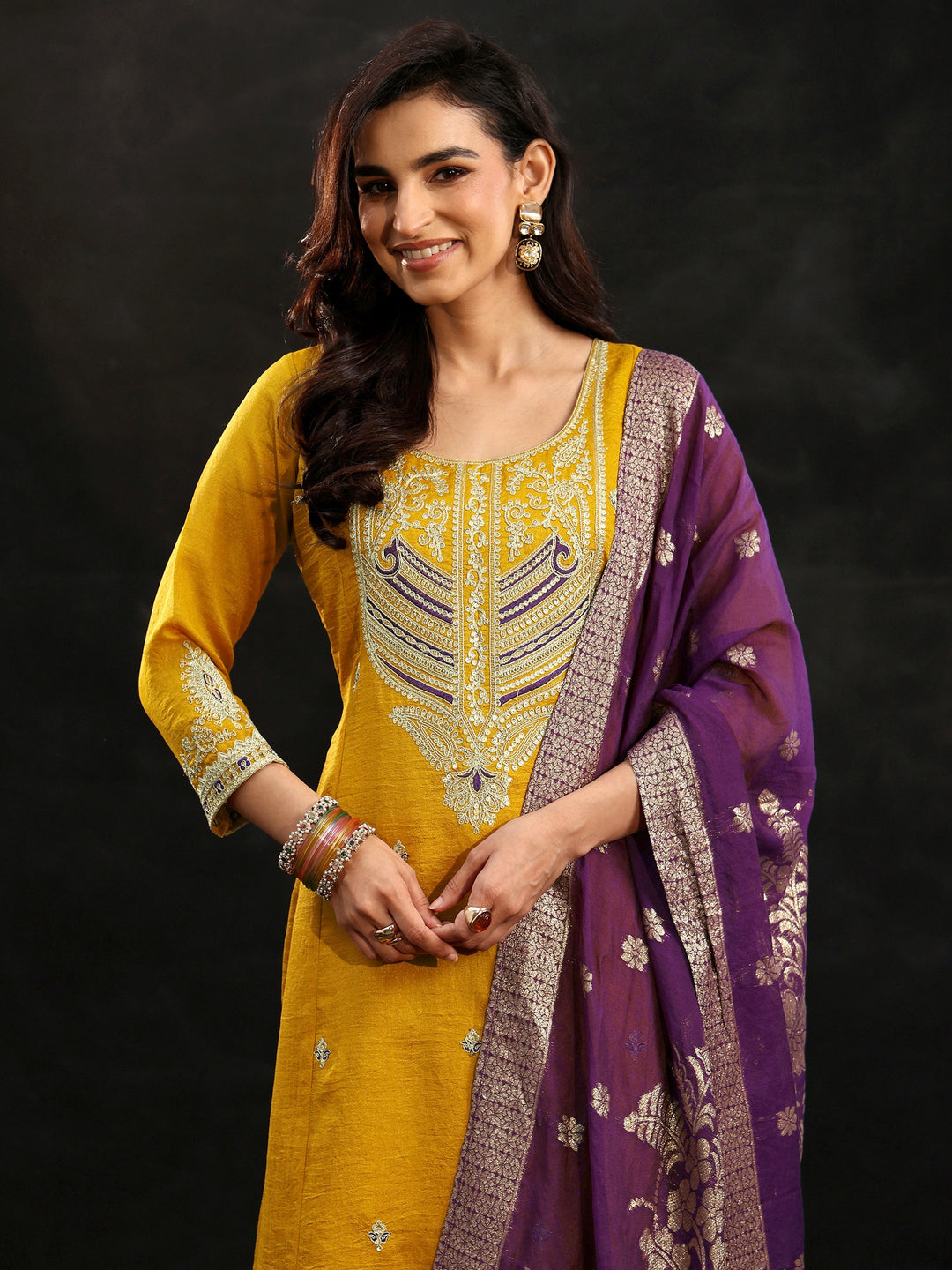  Libas Mustard Yoke Design Silk Blend Palazzo Suit Set 