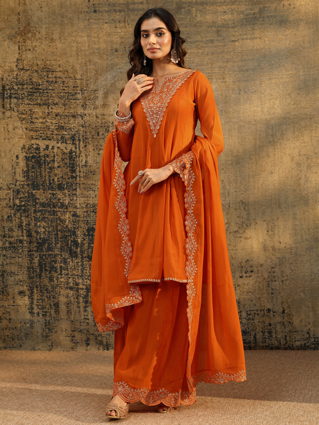  Libas Orange Embroidered Chanderi Cotton Anarkali Palazzo Suit Set 
