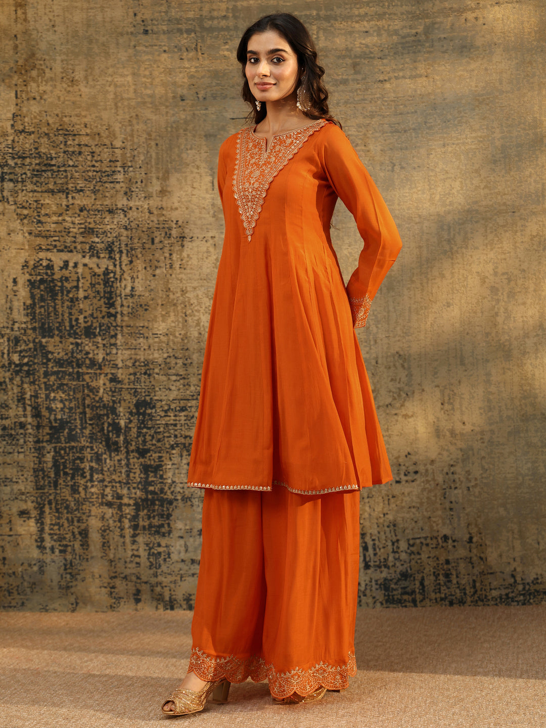  Libas Orange Embroidered Chanderi Cotton Anarkali Palazzo Suit Set 