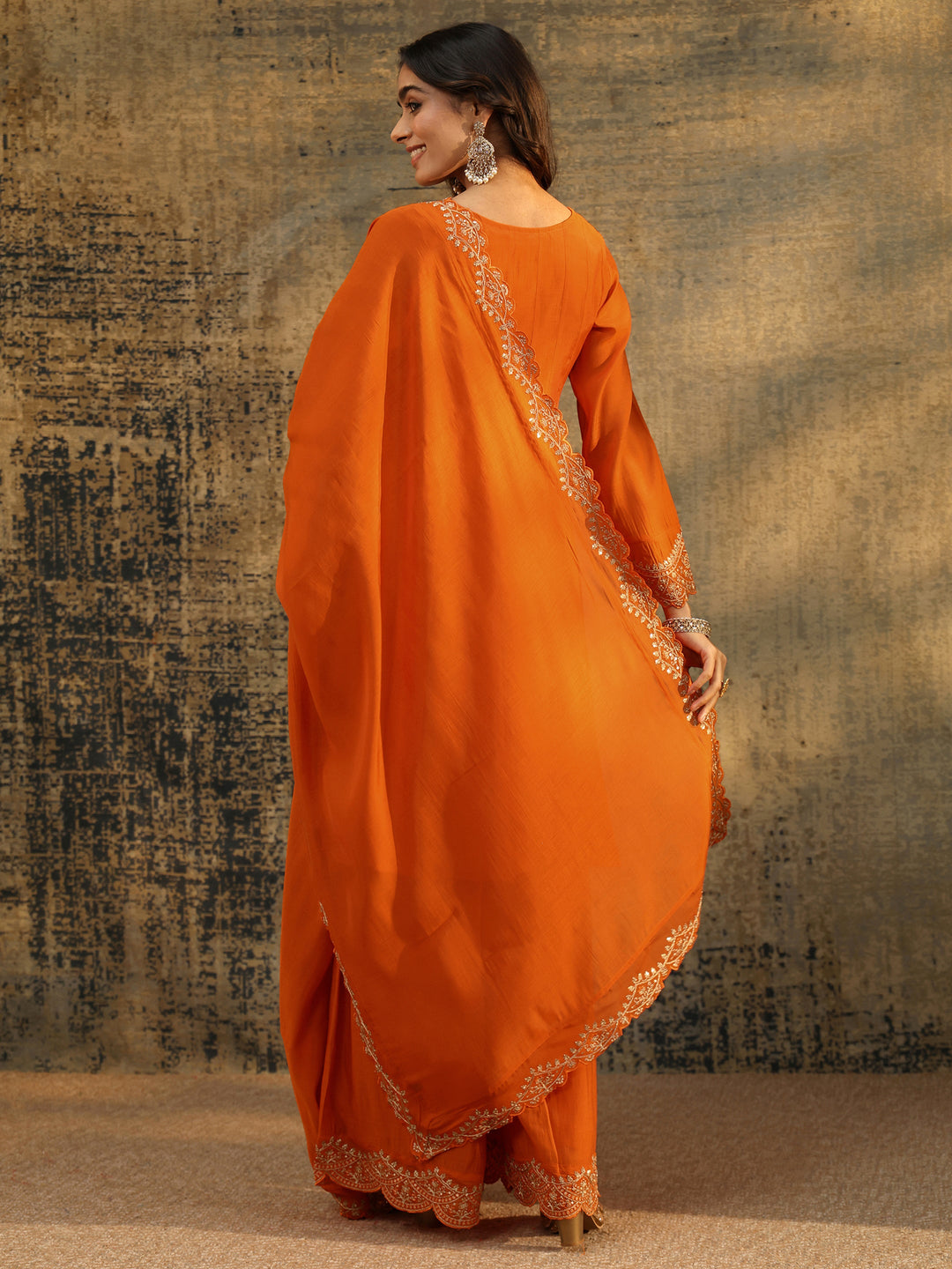  Libas Orange Embroidered Chanderi Cotton Anarkali Palazzo Suit Set 