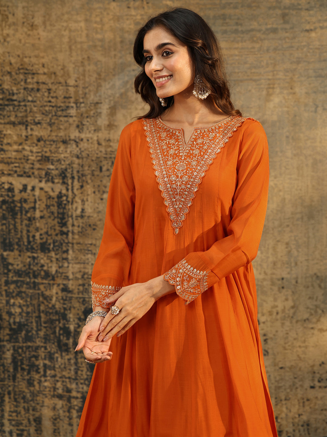  Libas Orange Embroidered Chanderi Cotton Anarkali Palazzo Suit Set 