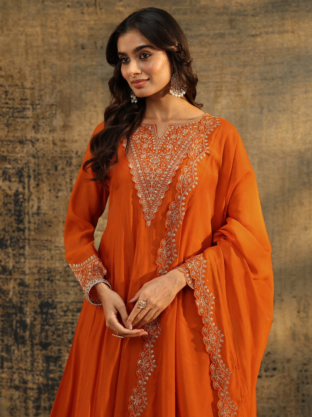  Libas Orange Embroidered Chanderi Cotton Anarkali Palazzo Suit Set 