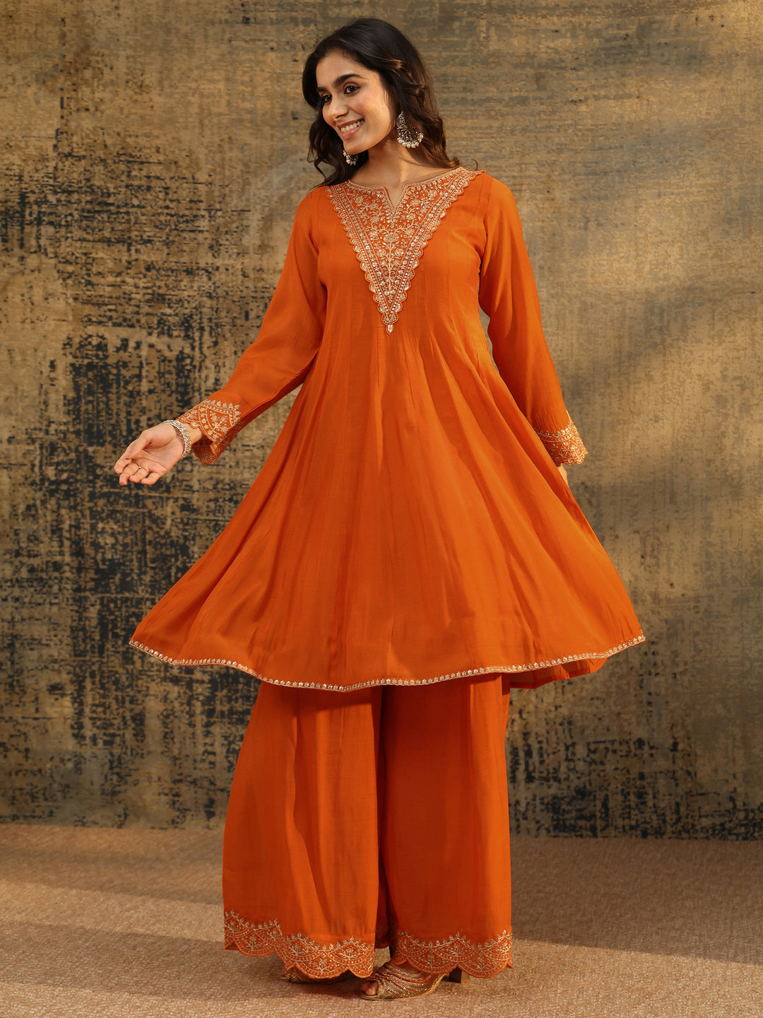  Libas Orange Embroidered Chanderi Cotton Anarkali Palazzo Suit Set 