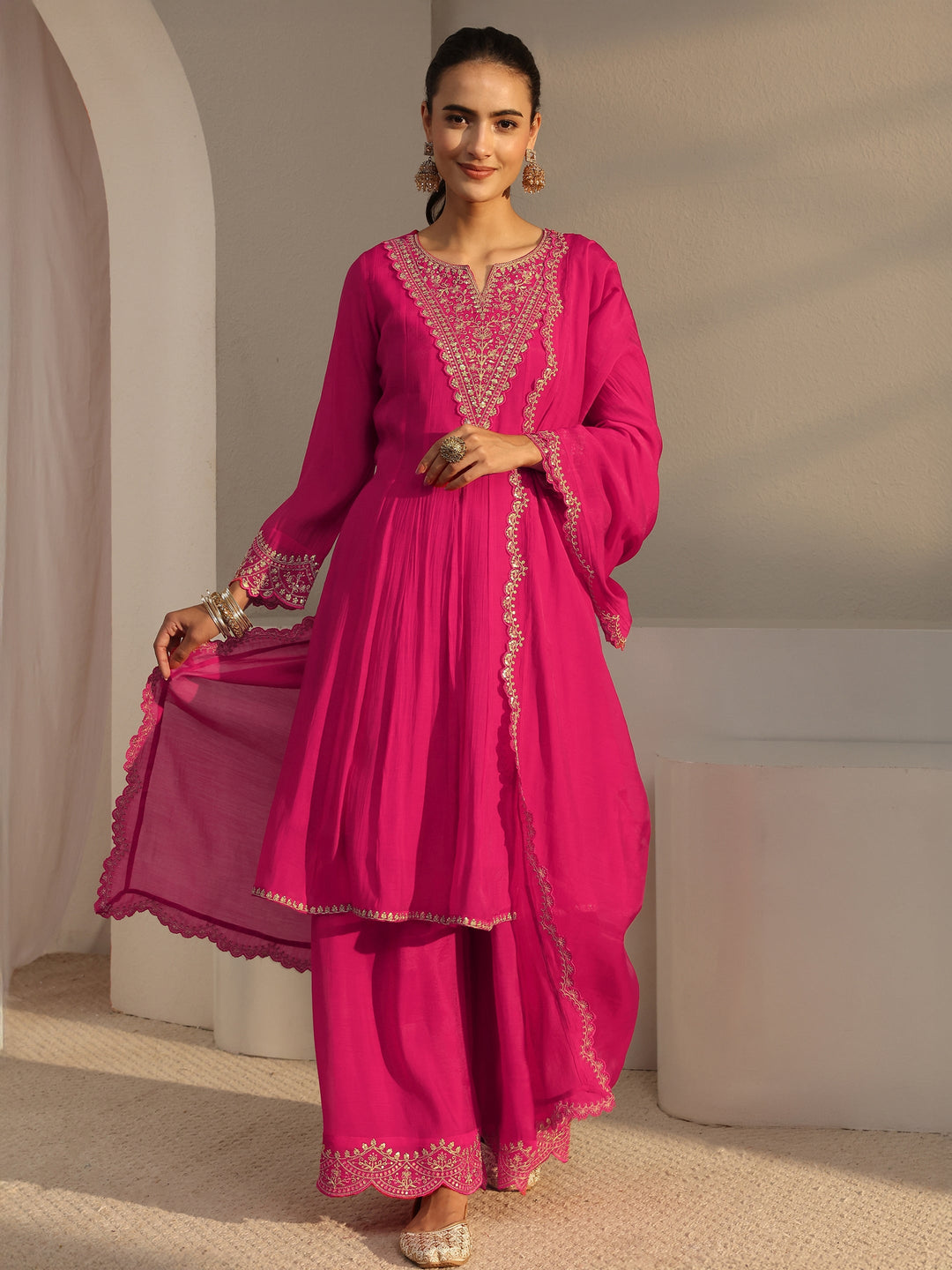  Pink Embroidered Chanderi Cotton A-Line Suit Set With Dupatta 