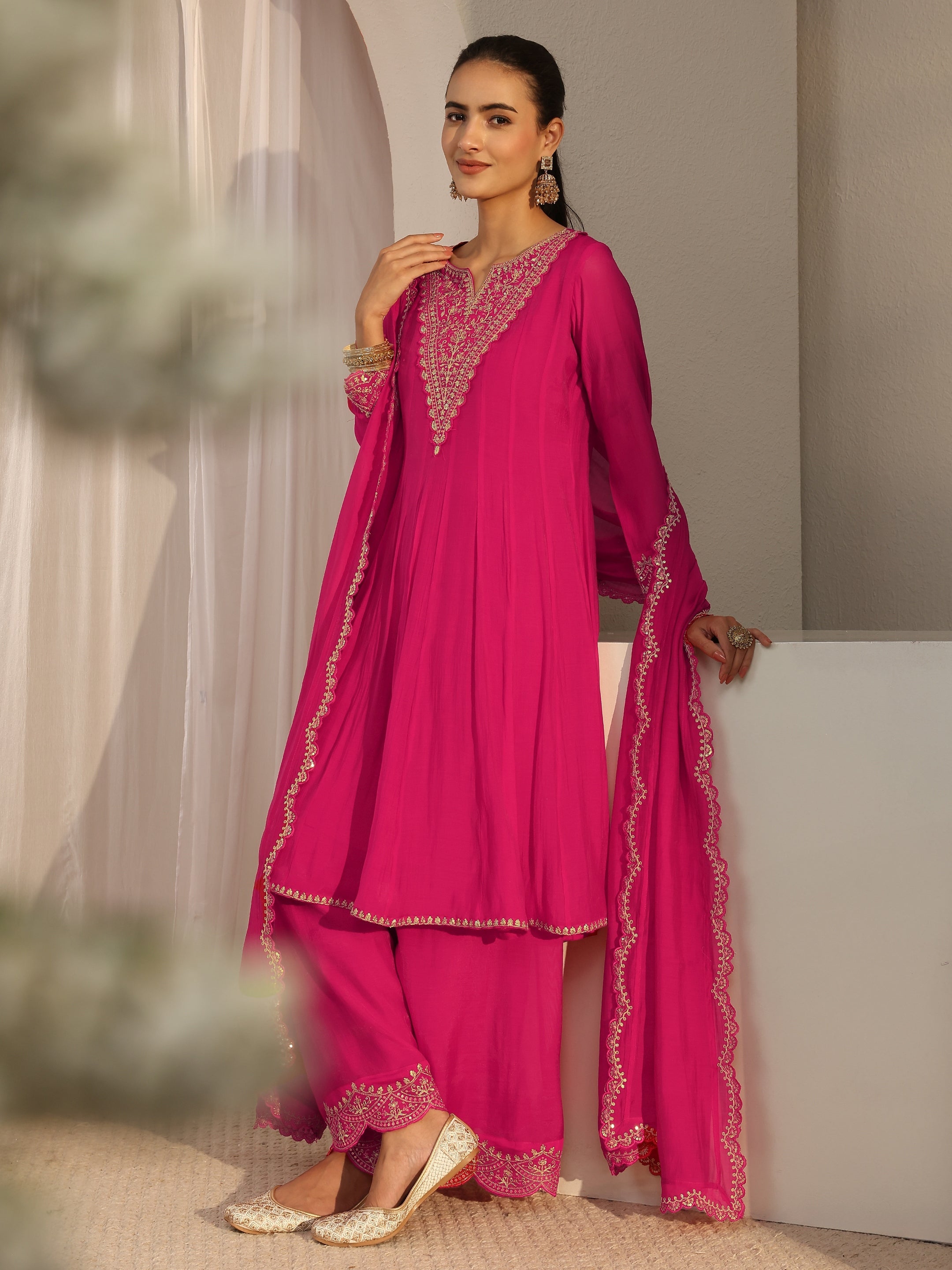 Libas Pink Embroidered Chanderi Cotton A-Line Suit Set With Dupatta-image-38