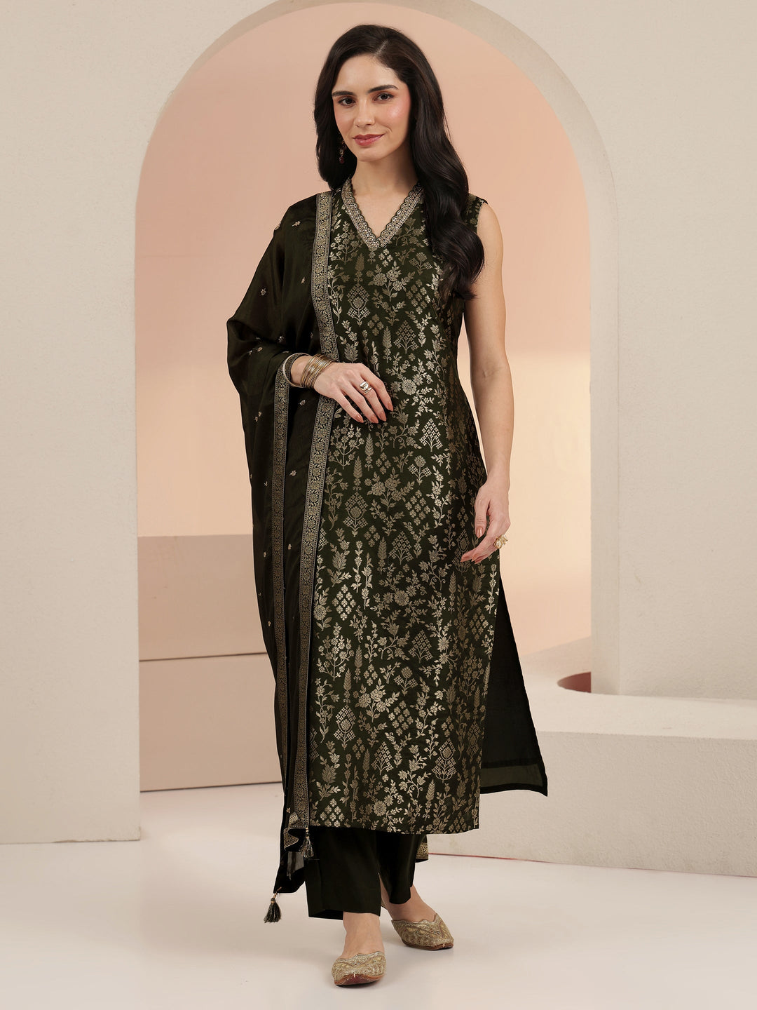  Olive Green Floral Woven Design Silk Blend Straight Suit Set 