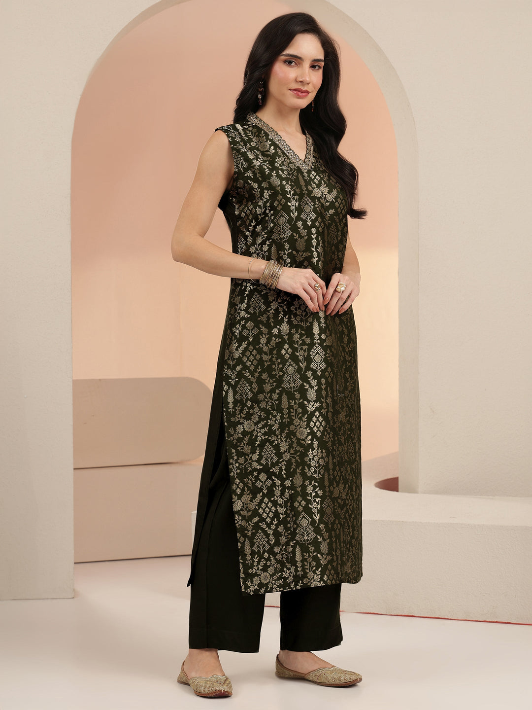  Olive Green Floral Woven Design Silk Blend Straight Suit Set 