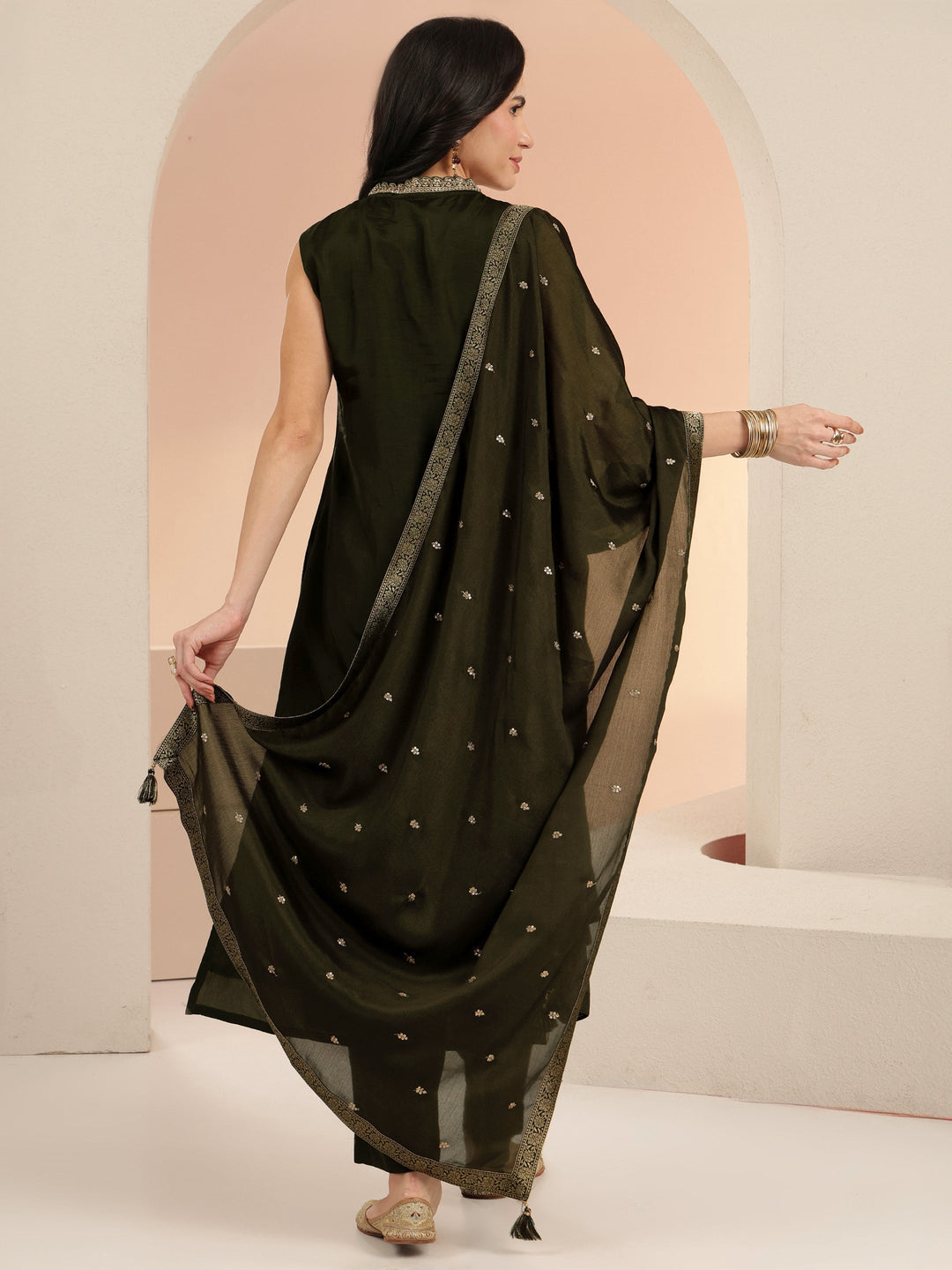  Olive Green Floral Woven Design Silk Blend Straight Suit Set 