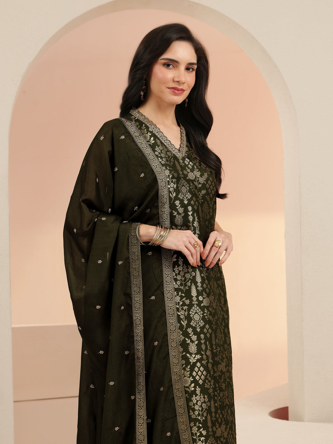  Olive Green Floral Woven Design Silk Blend Straight Suit Set 