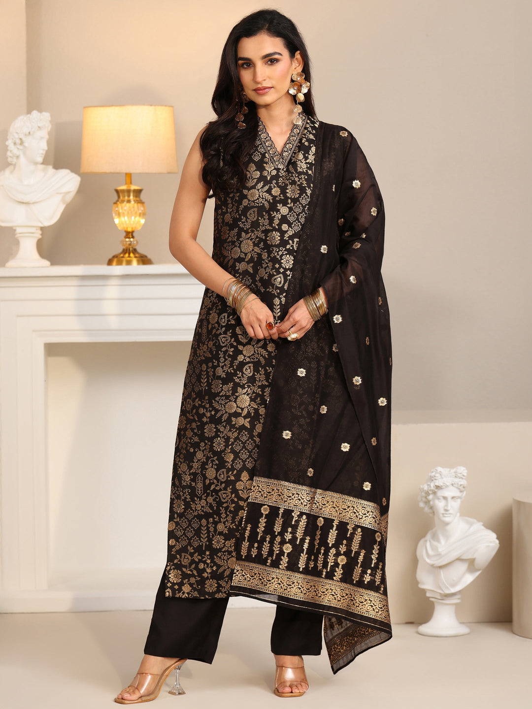  Libas Black Floral Woven Design Silk Blend Straight Suit Set 