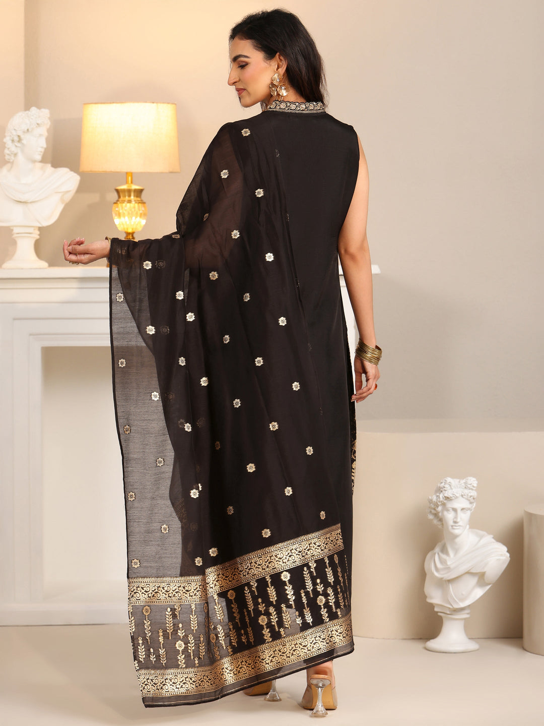  Libas Black Floral Woven Design Silk Blend Straight Suit Set 