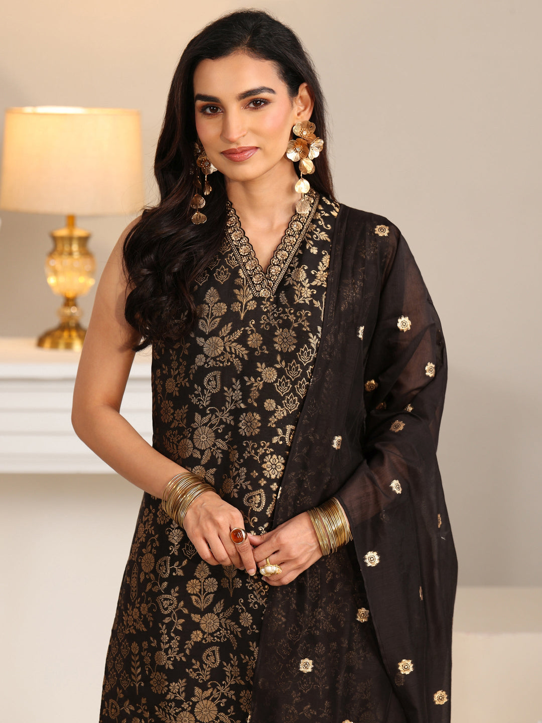  Libas Black Floral Woven Design Silk Blend Straight Suit Set 