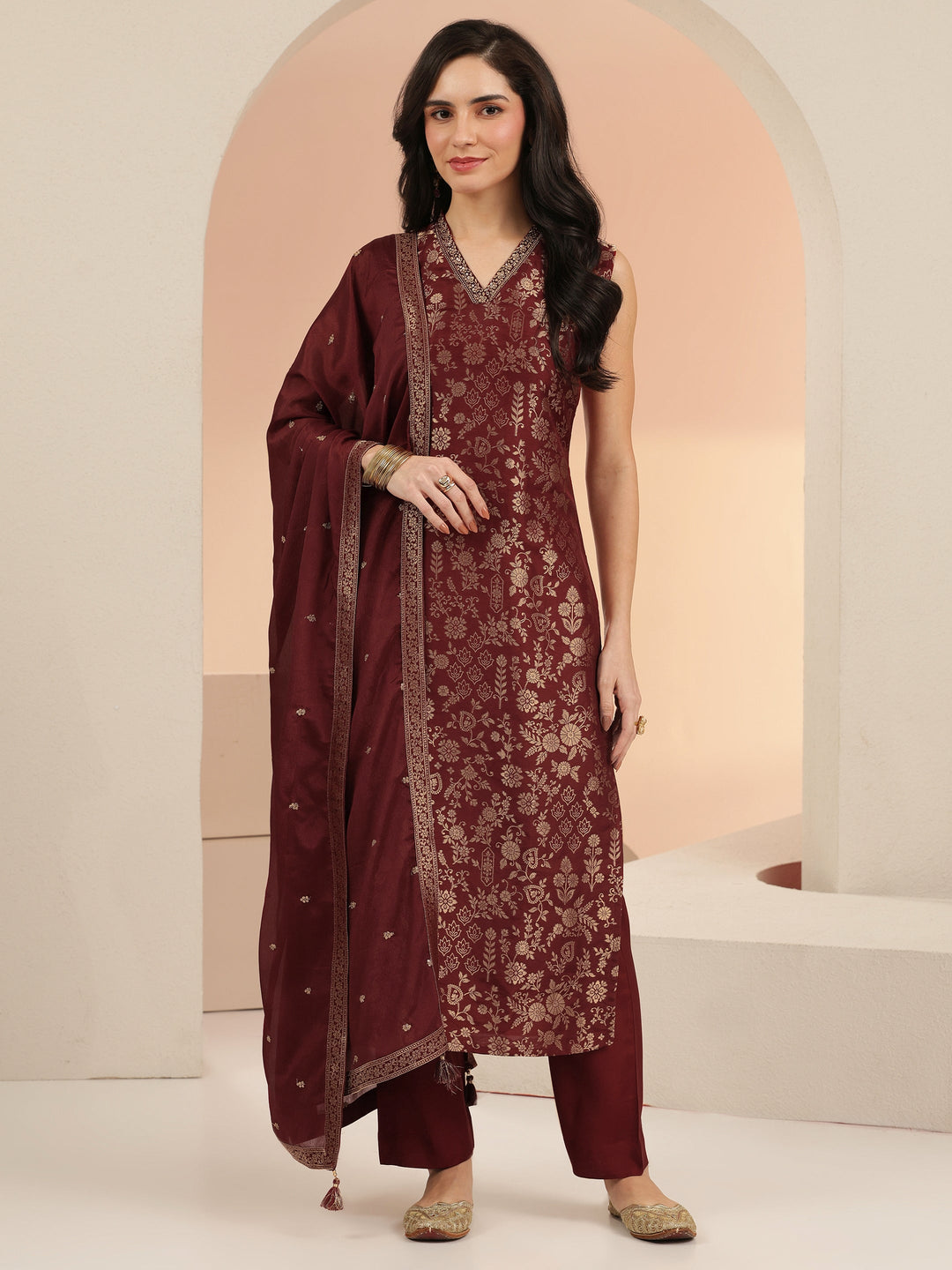  Maroon Floral Woven Design Silk Blend Straight Suit Set 