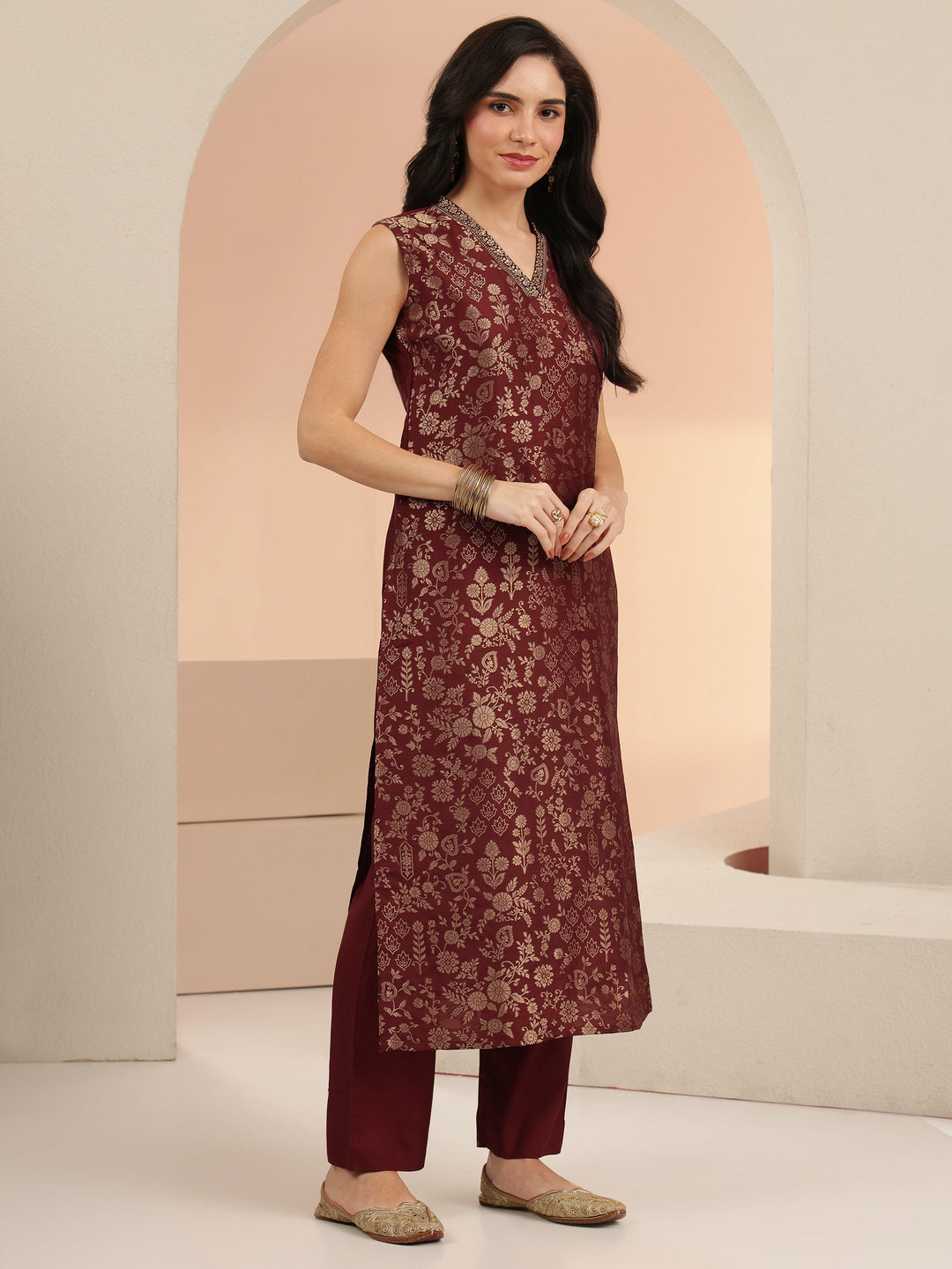  Maroon Floral Woven Design Silk Blend Straight Suit Set 